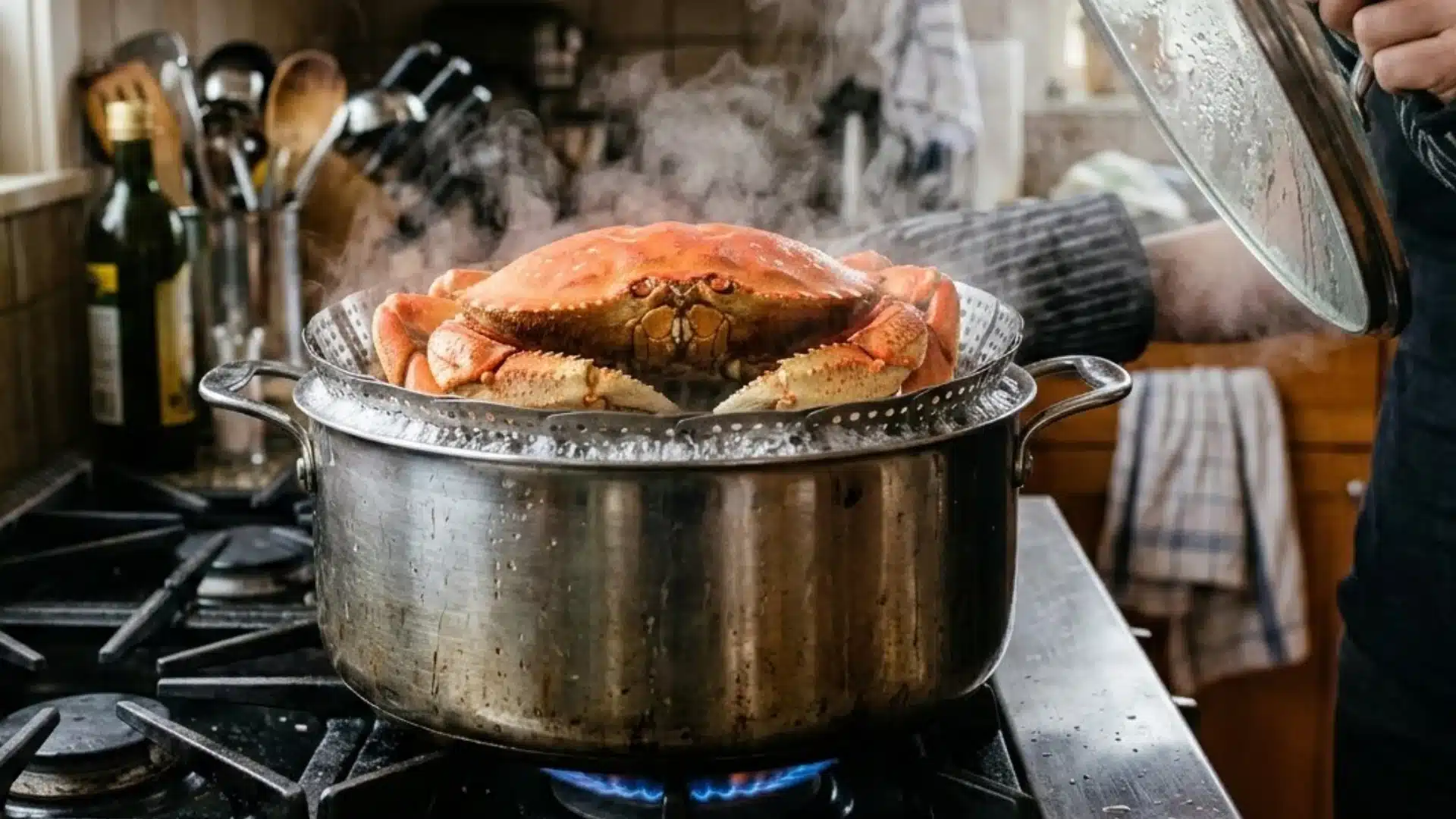 A Dungeness crab steams in a metal pot over a gas flame on a kitchen stovetop while a person lifts the glass lid