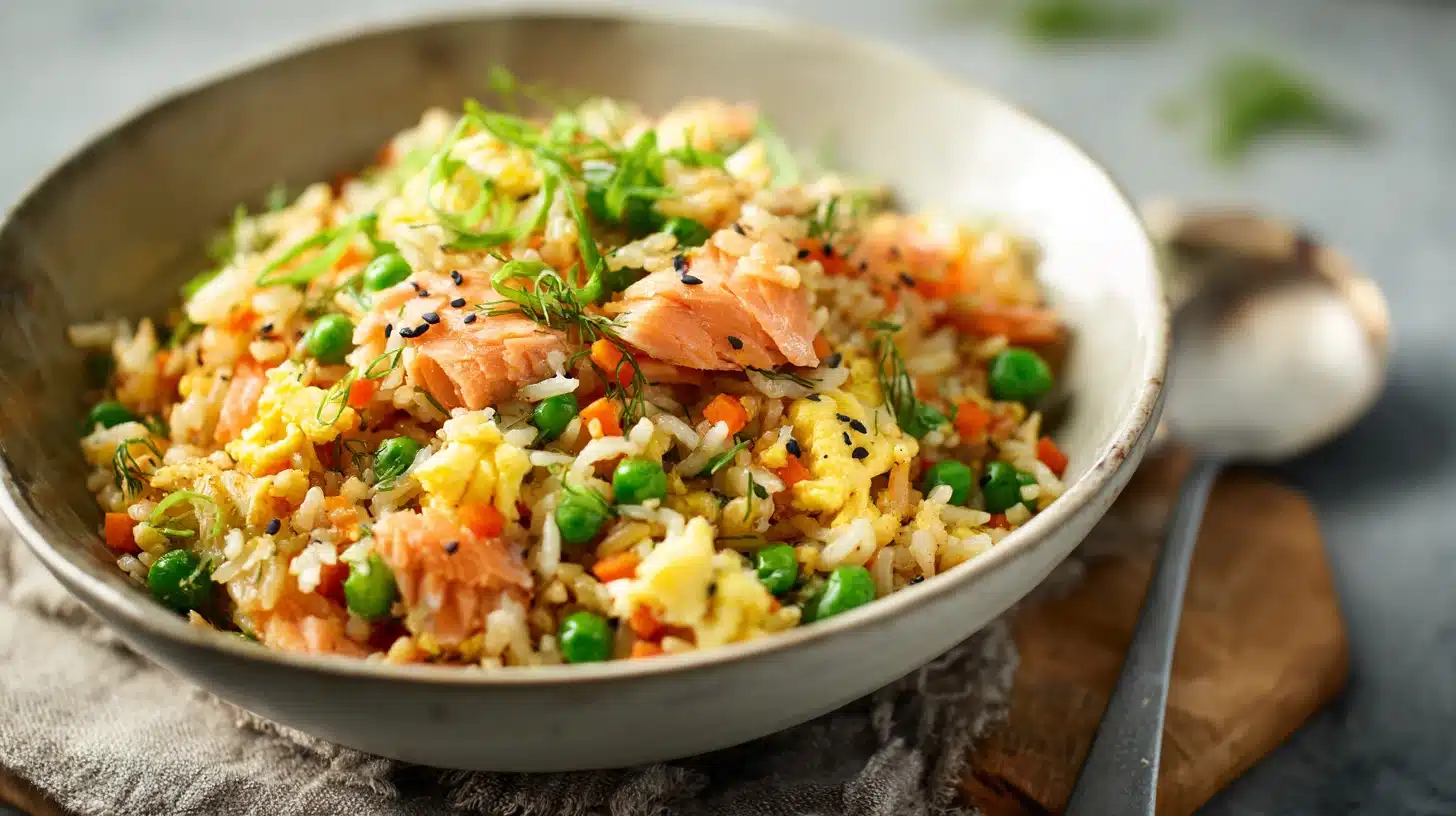 A bowl filled with salmon fried rice including peas and carrots representing a flavorful and balanced meal