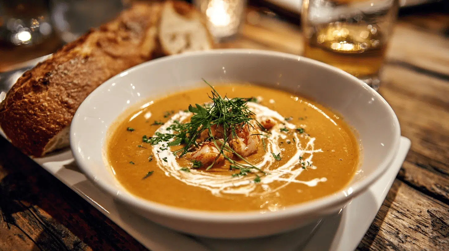 A bowl of Dungeness Crab Bisque with a slice of bread on a wooden table
