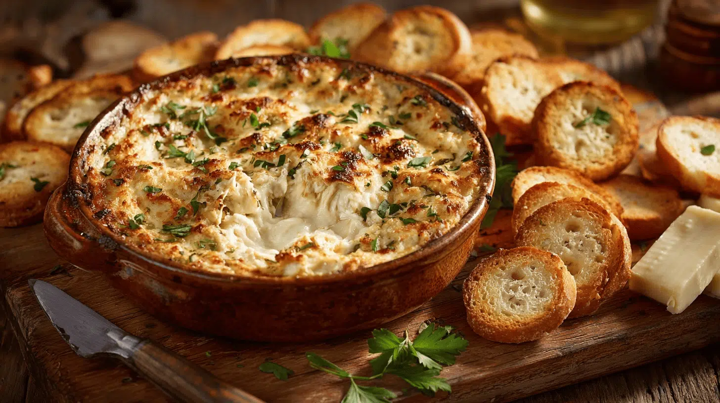 A bowl of Dungeness Crab Dip surrounded by slices of bread on a wooden cutting board
