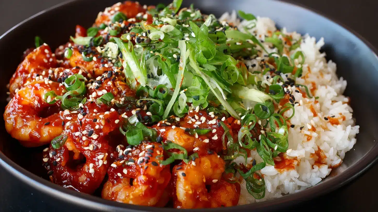 _A bowl of Korean Gochujang seafood featuring rice, shrimp, and sesame seeds.