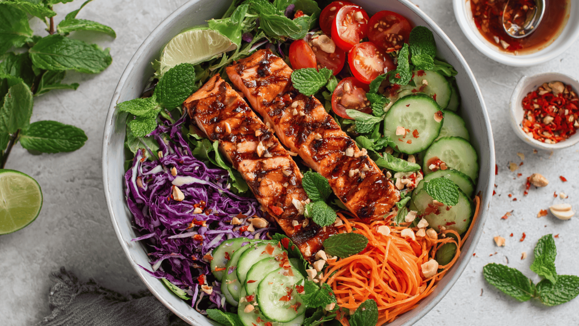 A bowl of Thai-inspired salmon salad featuring fresh vegetables and tender pieces of salmon