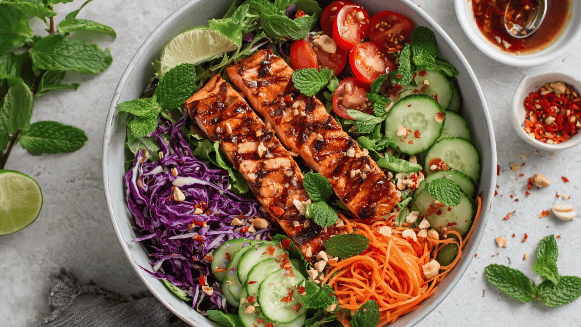 A bowl of Thai-inspired salmon salad featuring fresh vegetables and tender pieces of salmon