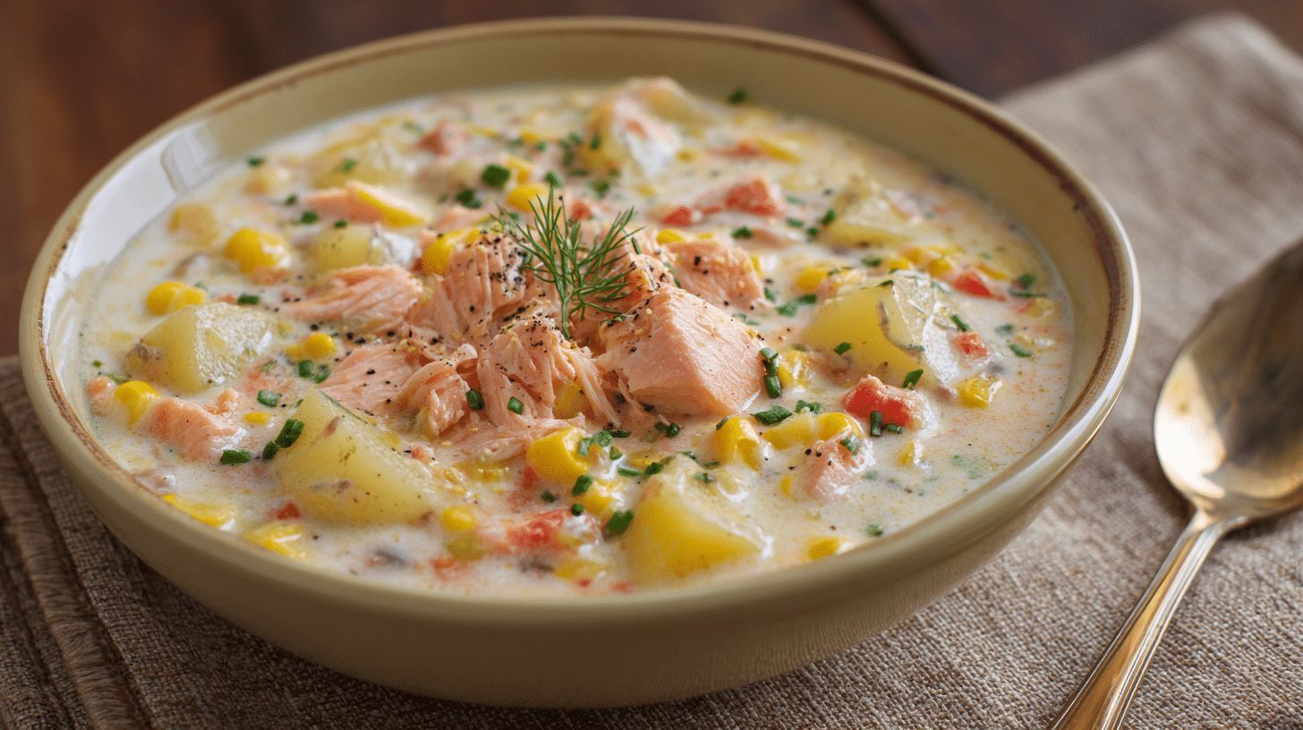 A bowl of salmon corn chowder featuring chunks of salmon, sweet corn, and diced potatoes in a creamy broth