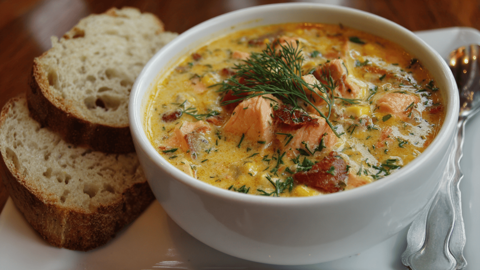 A bowl of salmon corn chowder with a slice of bread on the side, ready to be enjoyed