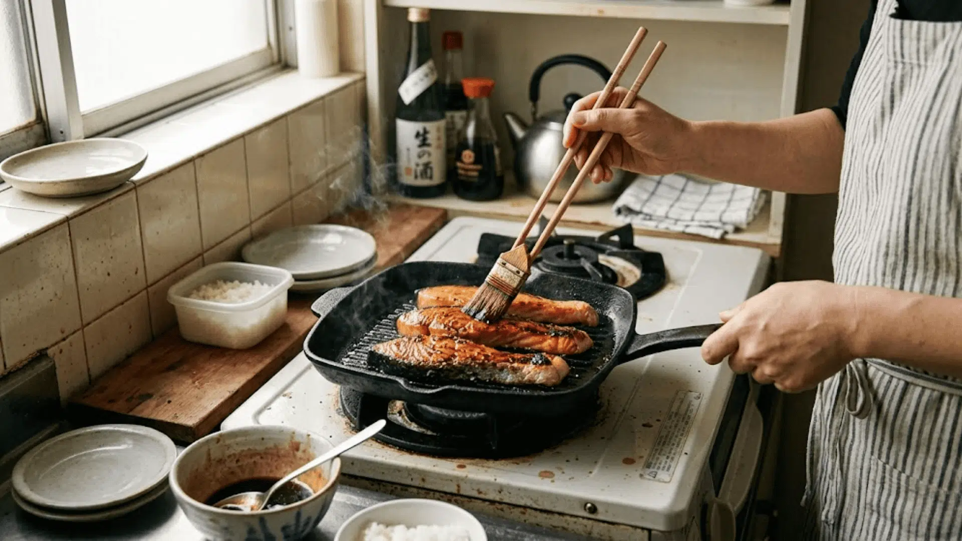 A chef brushes a dark glaze onto salmon in a grill pan in a rustic, traditional Japanese kitchen