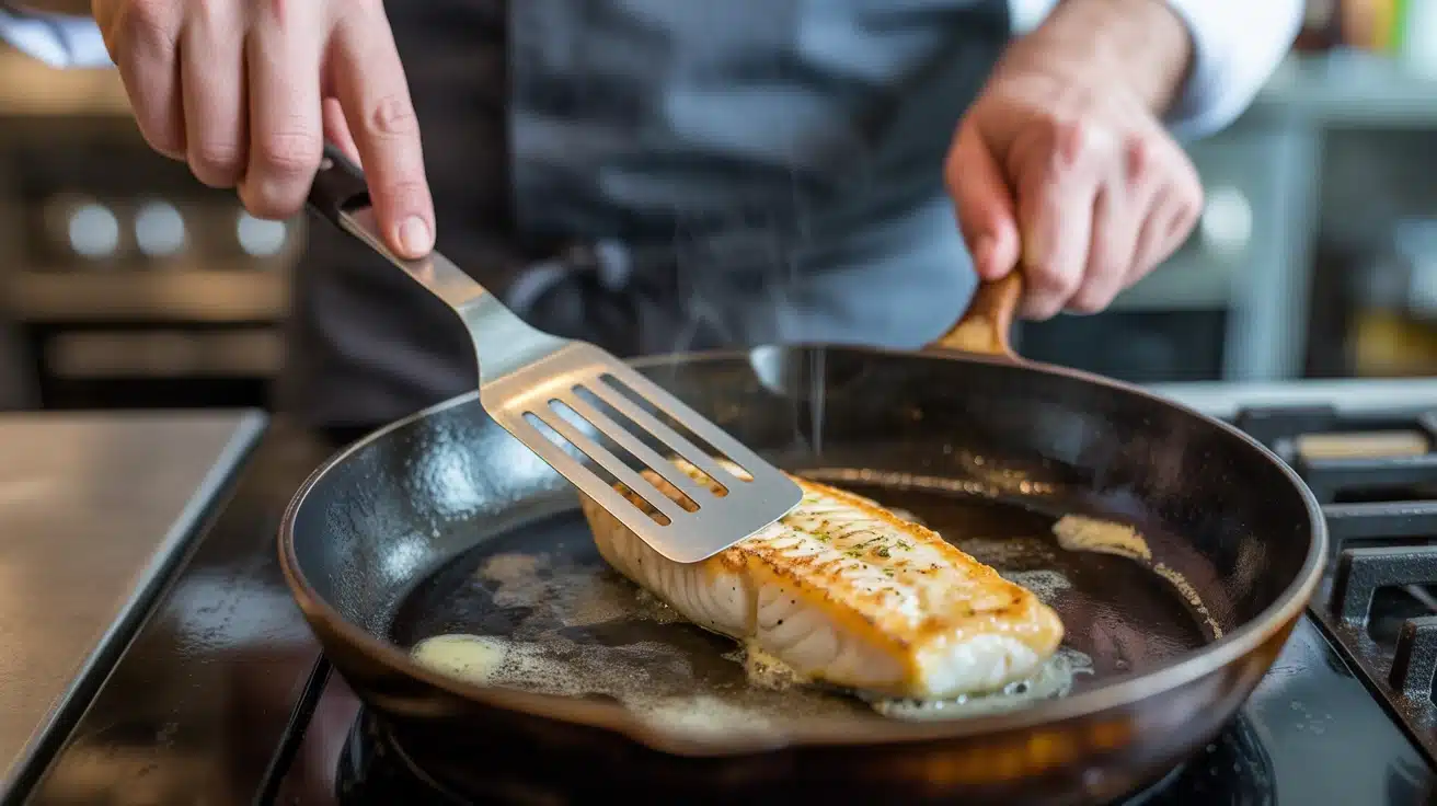 A chef skillfully cooks mild fish in a pan over a stovetop, surrounded by kitchen utensils and ingredients