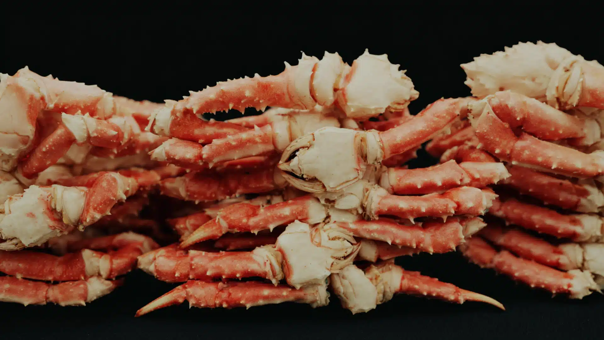 A close-up pile of cooked king crab legs with spiky, reddish-pink shells against a dark background