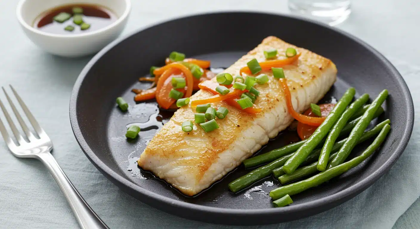 A dish of Simple Ginger-Soy Whitefish accompanied by a variety of fresh vegetables