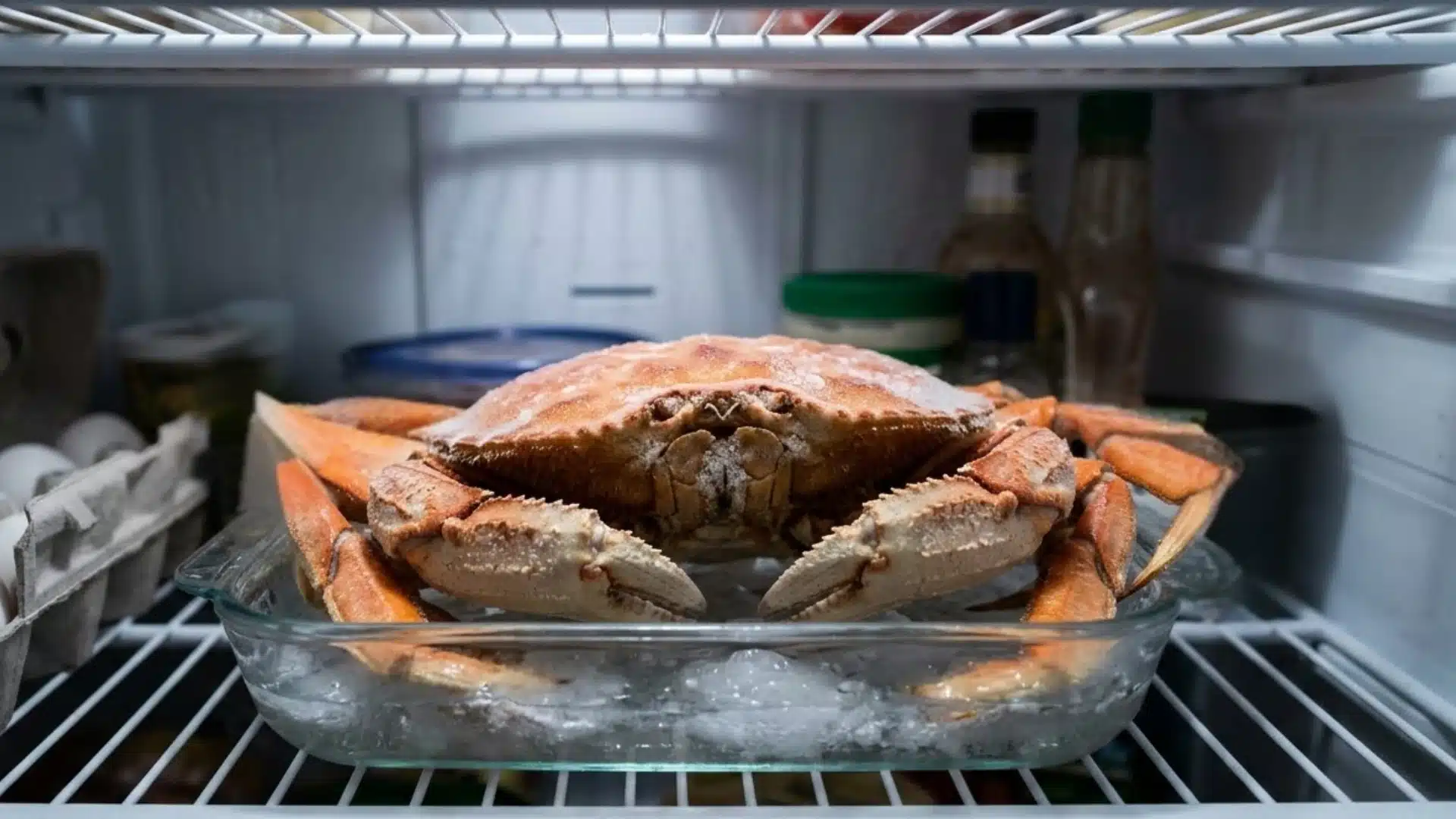 A frozen Dungeness crab is thawing in a clear glass dish inside a refrigerator next to an egg carton and various bottles