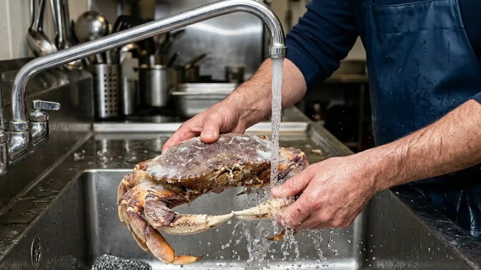 A man rinsing a large, frozen Dungeness crab under running water in a stainless steel sink