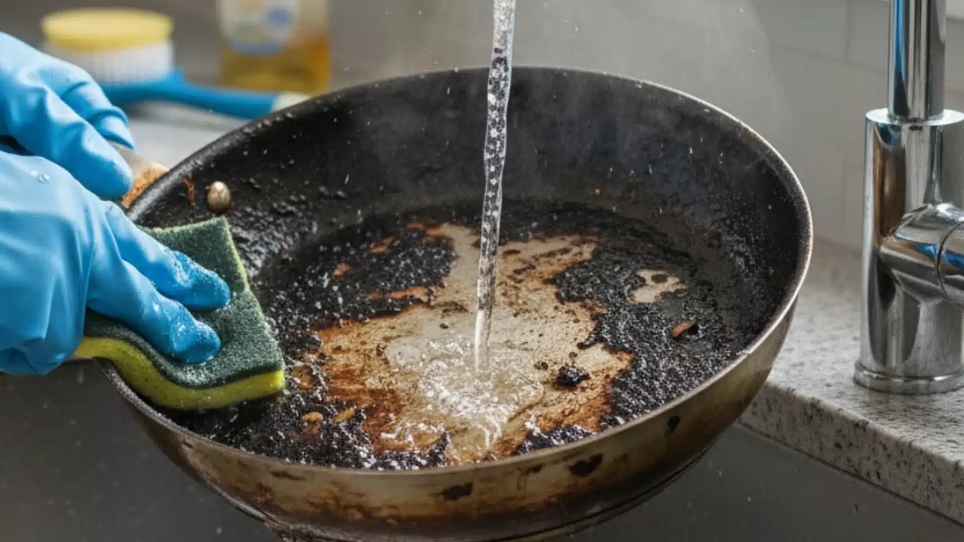 A person showing how to clean burnt pan, wearing blue gloves scrubs the heavily burnt pan under running water near a modern kitchen faucet