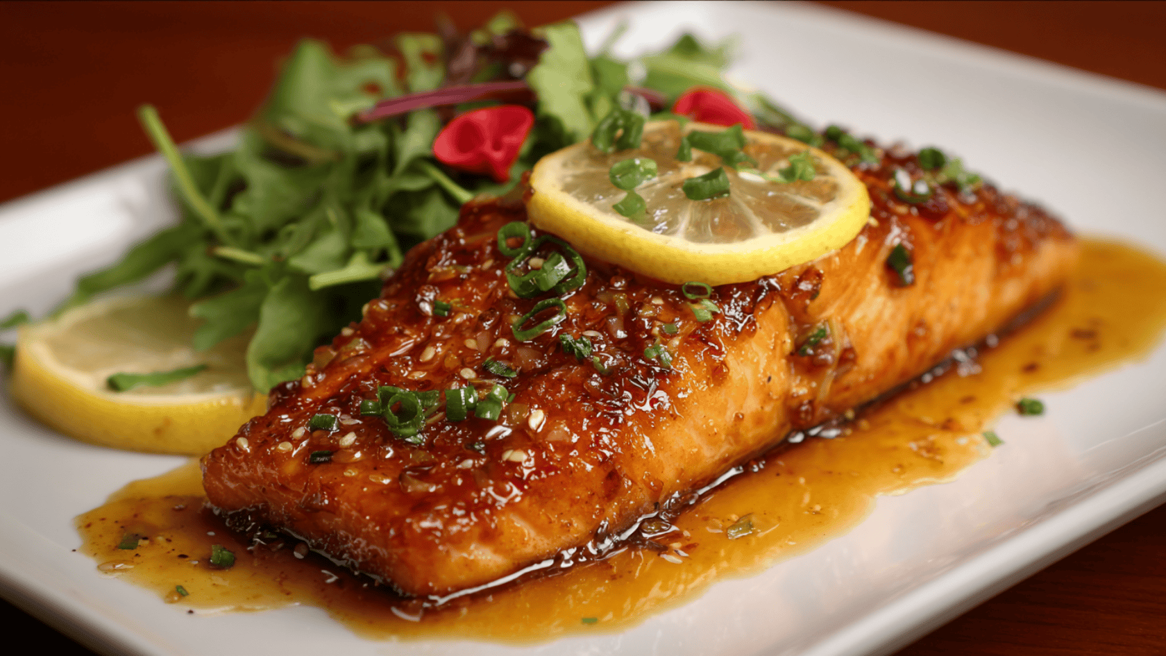 A piece of honey garlic salmon garnished with lemon and herbs on a white plate
