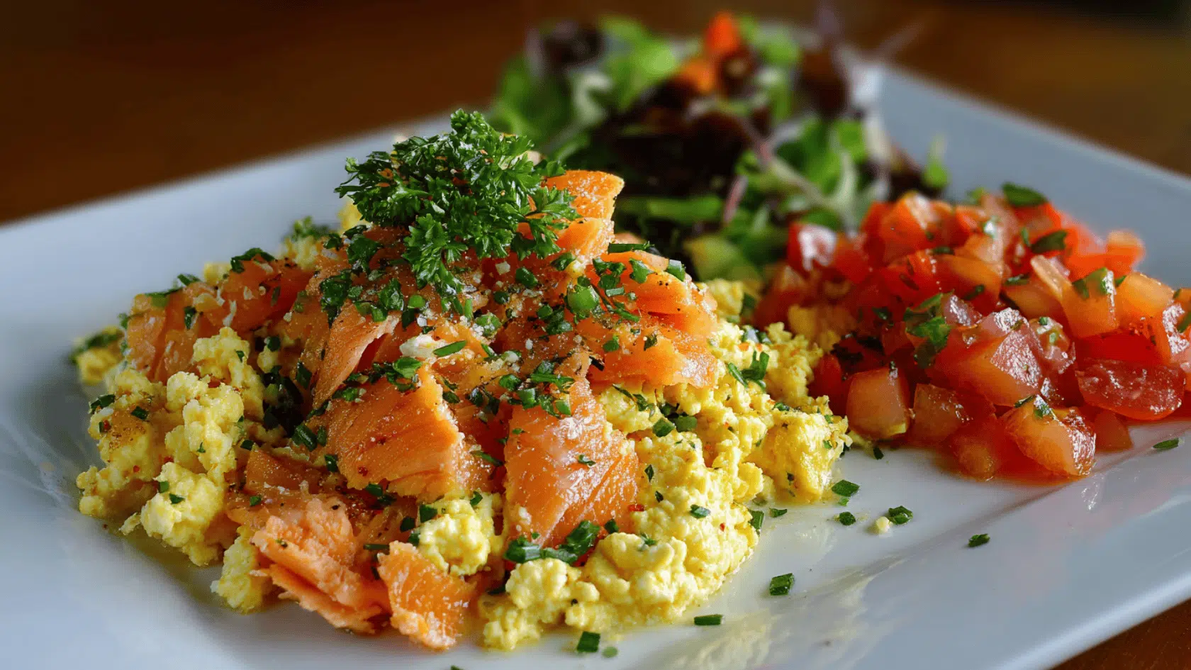 A plate displaying a salmon and egg scramble alongside a vibrant salad and an additional side dish