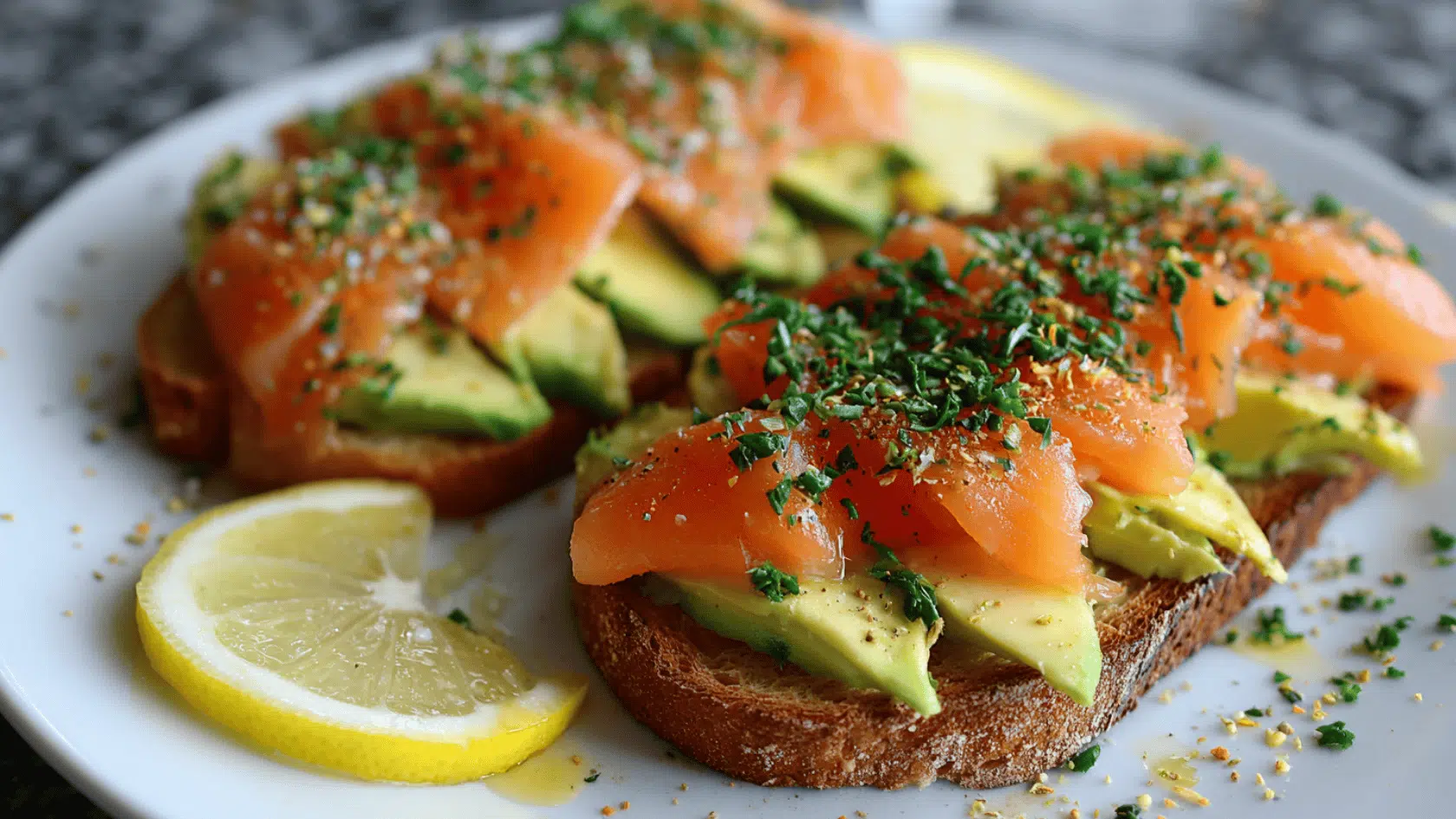 A plate holds two slices of bread topped with salmon and avocado, showcasing a colorful and appetizing meal