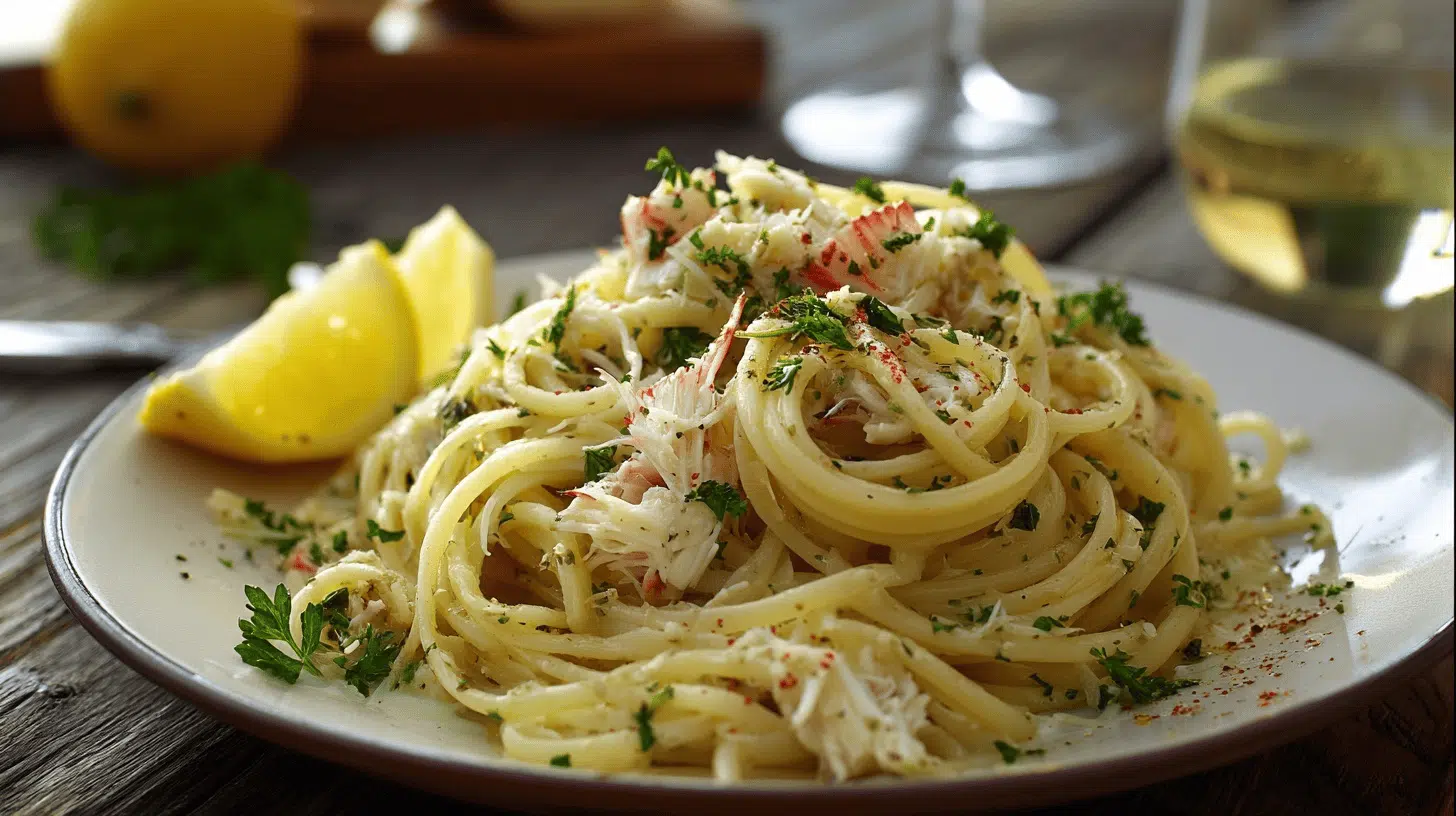 A plate of Dungeness Crab Pasta garnished with lemon slices and fresh parsley