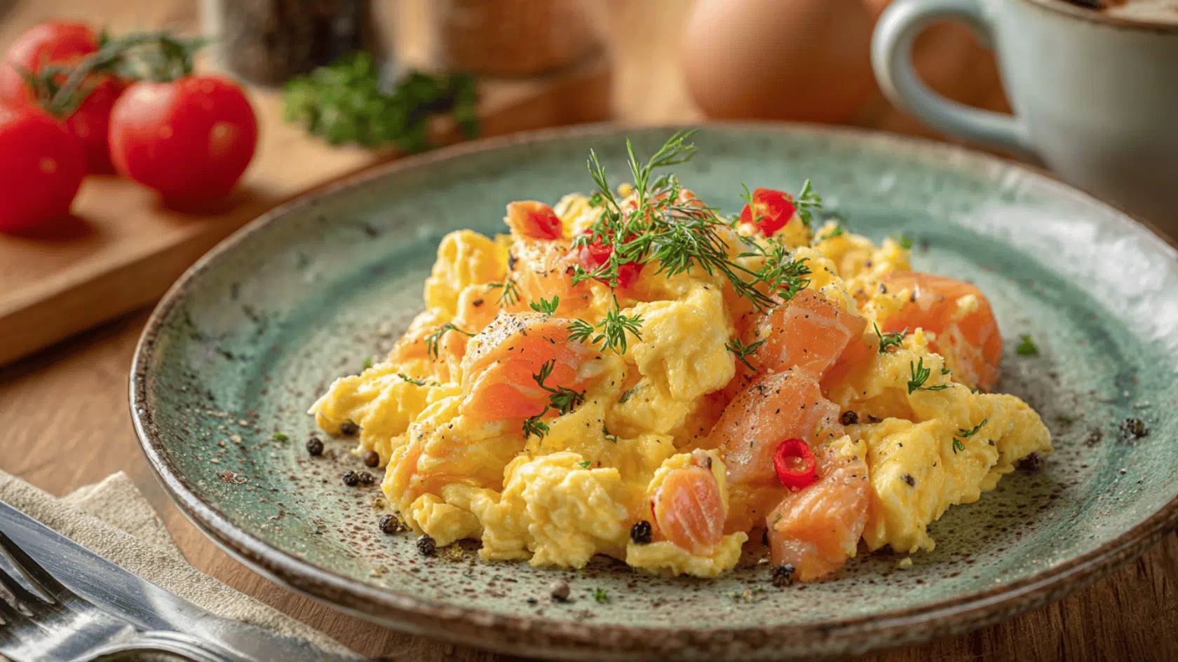 A plate of salmon and egg scramble, featuring fluffy scrambled eggs mixed with colorful vegetables