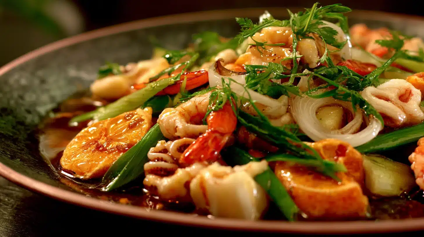 A plate of steamed seafood medley featuring shrimp, vegetables, and ginger, beautifully arranged for a flavorful presentation