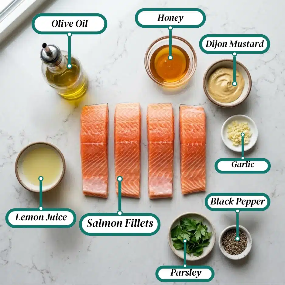 A plate showcasing honey-mustard oven salmon ingredients for the dish
