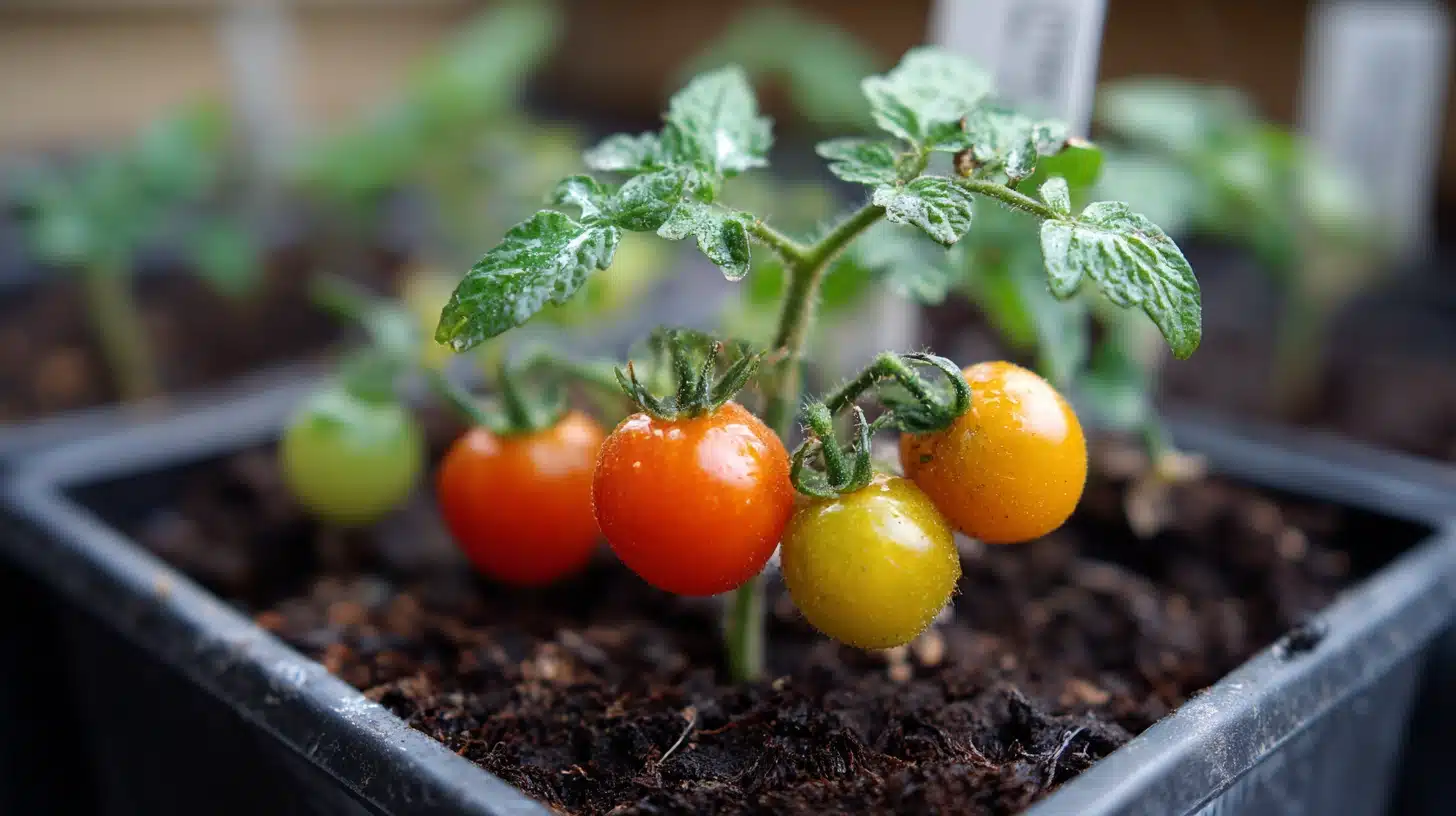 A pot of growing tomatoes from seeds featuring lush foliage and small ripening tomatoes
