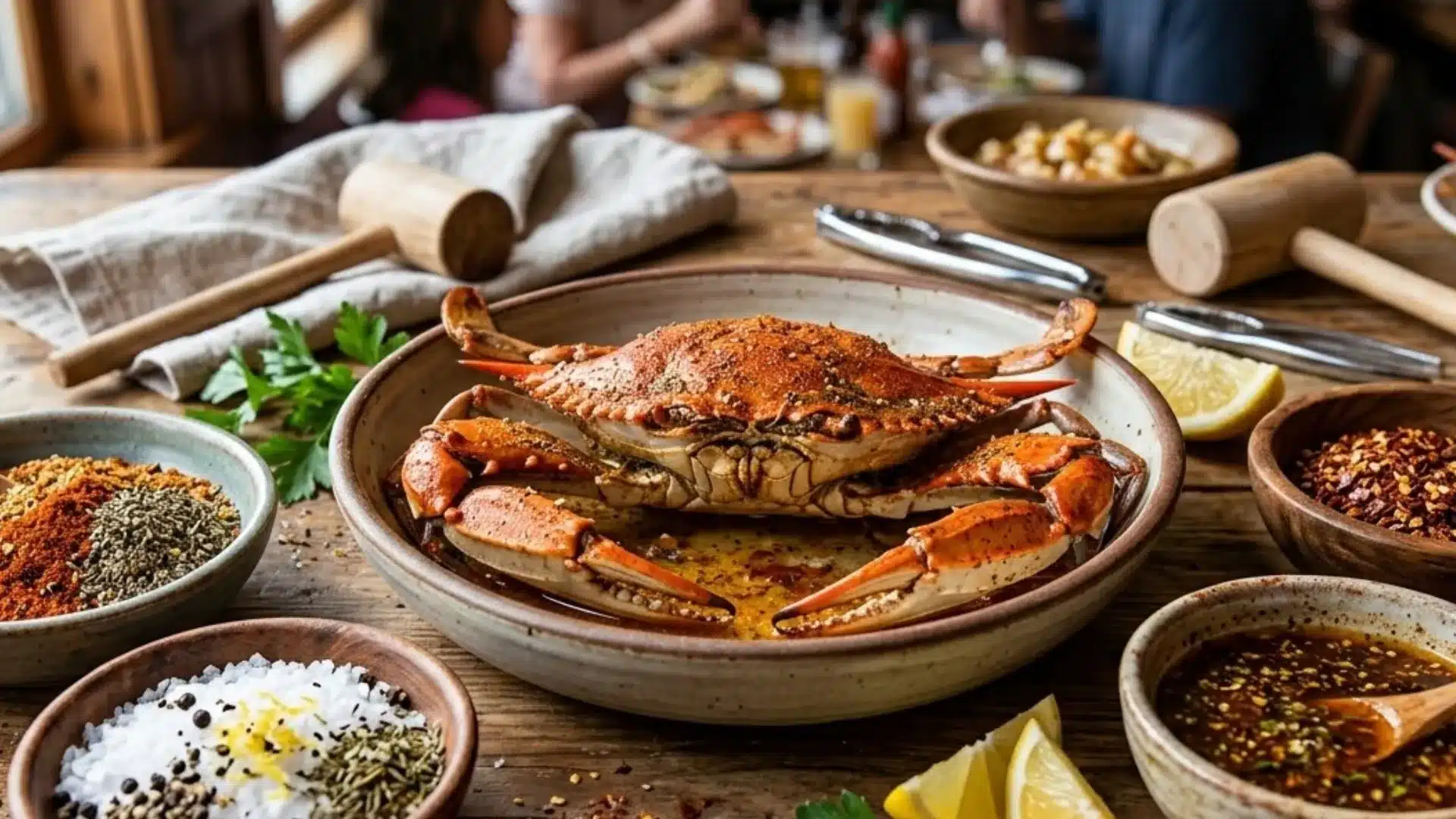 A seasoned, whole steamed crab sits on a wooden table surrounded by bowls of seasonings, dipping sauce, lemon wedges, and crab crackers