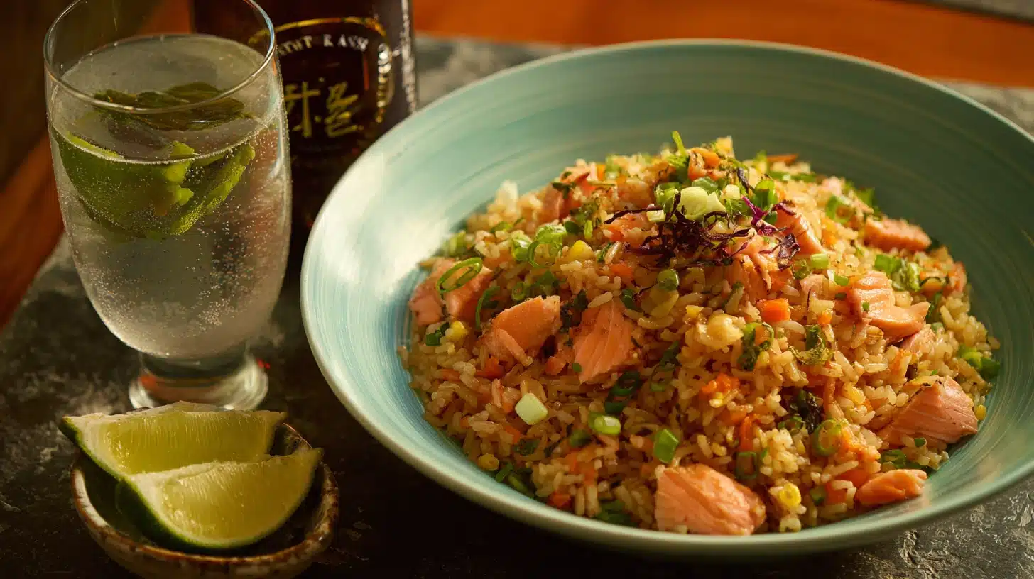 A serving of salmon fried rice with mixed vegetables and a comforting bowl of soup