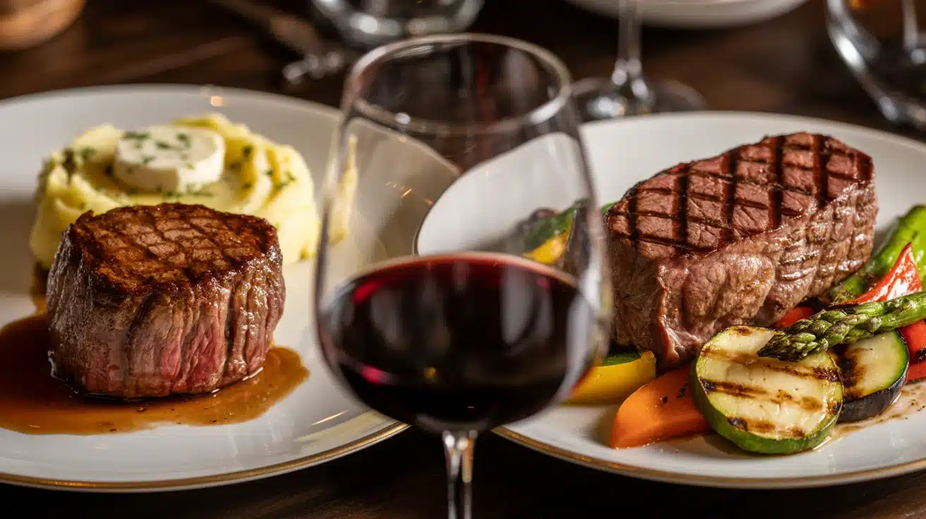 A serving of top sirloin and filet mignon with vegetables paired with a glass of red wine on the side.