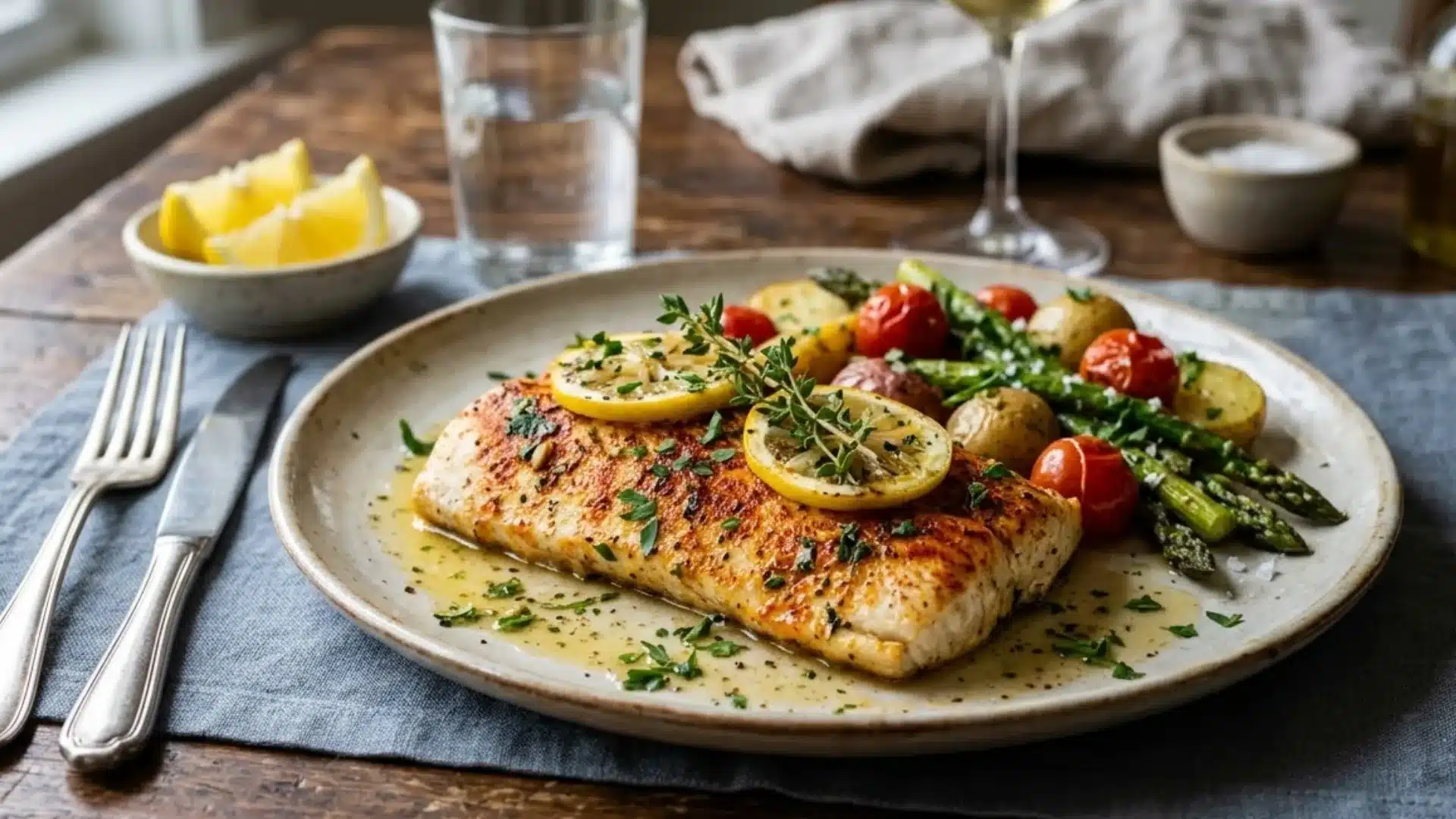 A simple mahi-mahi with paprika dish, which is topped with lemon slices and thyme, served with cherry tomatoes and asparagus