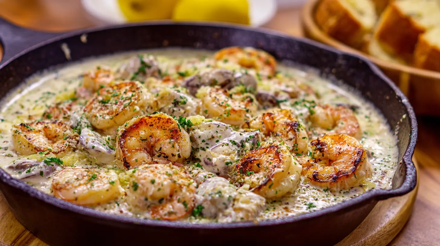 A skillet filled with creamy garlic parmesan shrimp, showcasing a rich blend of seafood and melted cheese