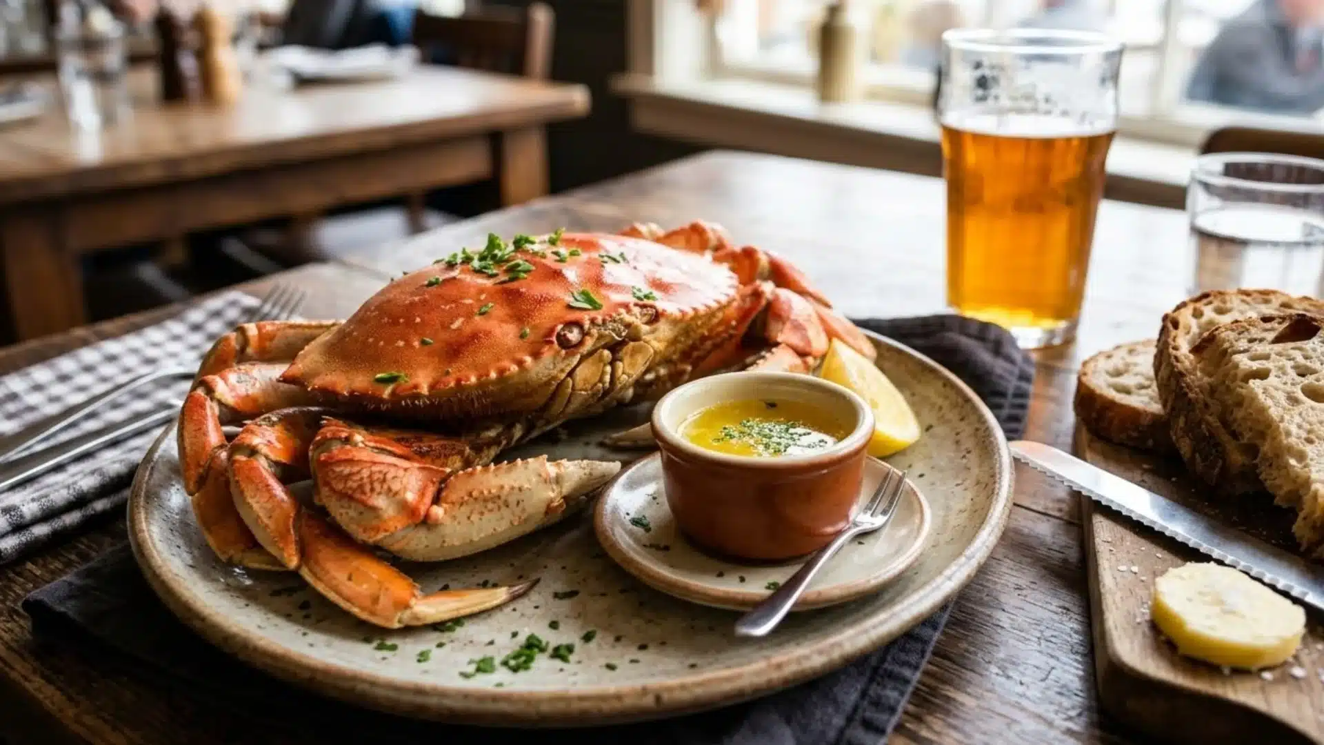 A steamed Dungeness crab served with drawn butter, lemon, crusty bread, and a glass of beer on a wooden table in a restaurant