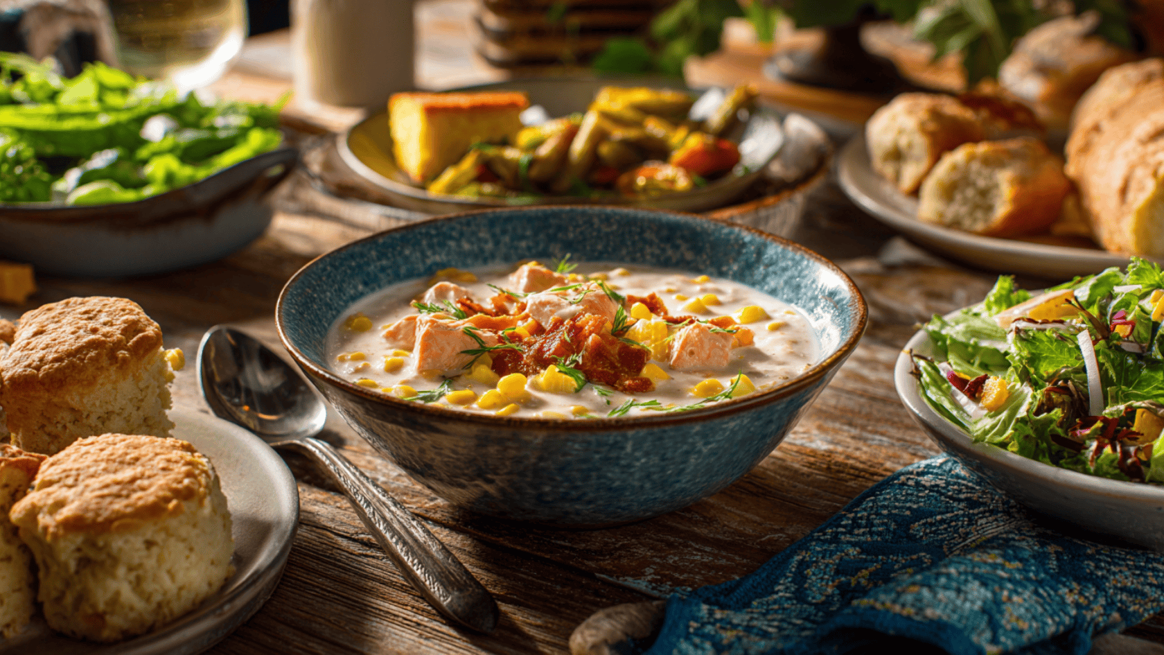 A table set with bowls of salmon corn chowder, bread, and various side dishes, creating a hearty meal display