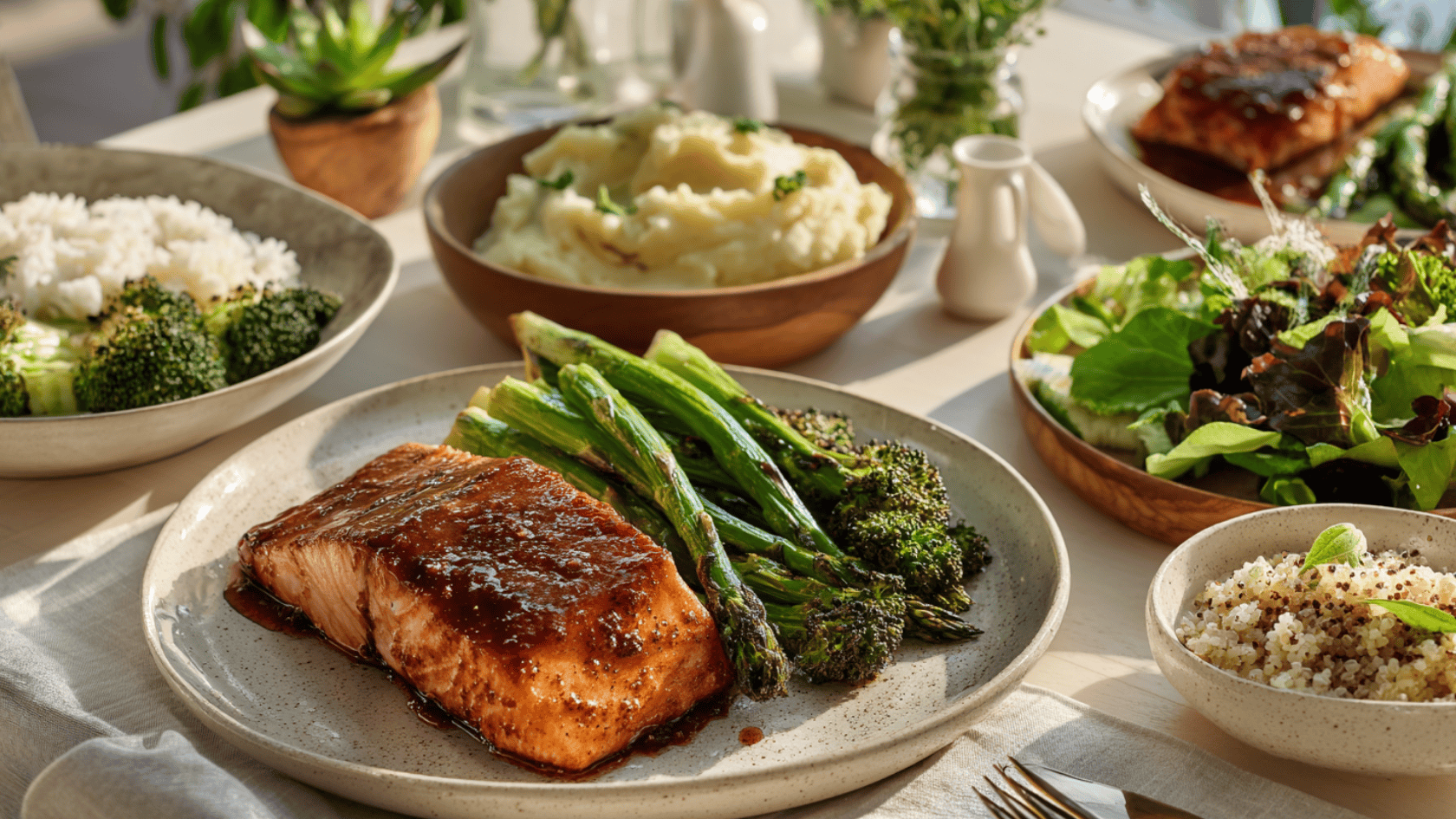 A table set with plates featuring honey garlic salmon, steamed broccoli, and fluffy rice as side dishes