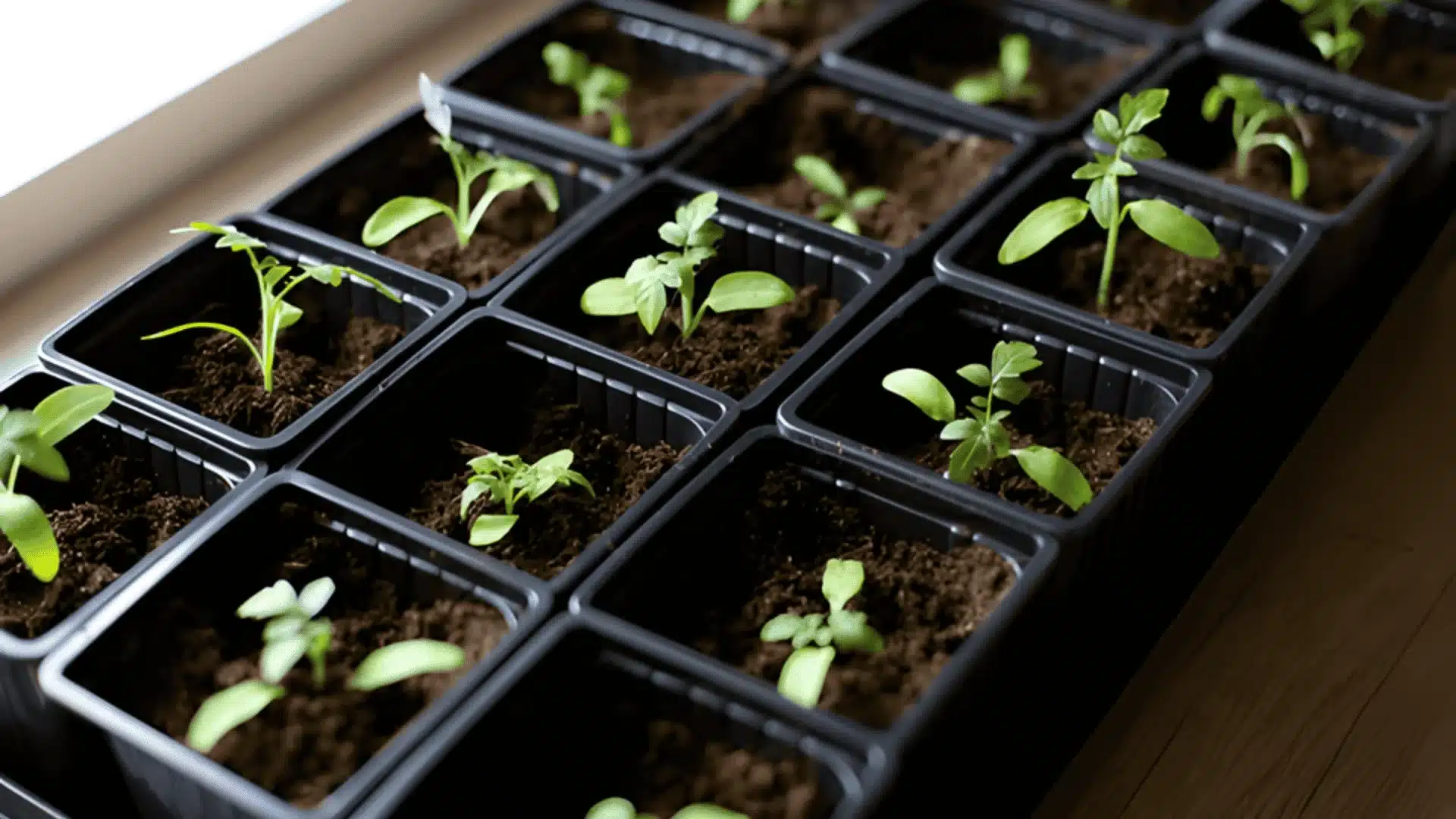 A tray of tomato seedlings growing indoors on a windowsill basking in natural light