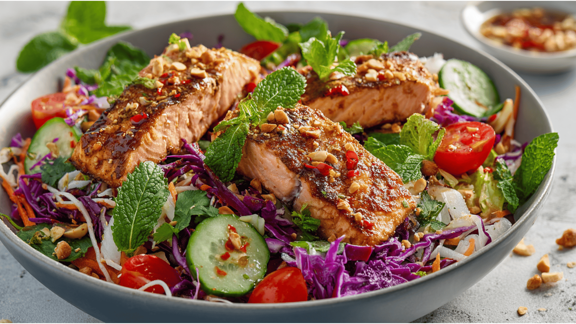 A vibrant Thai salmon salad with mixed vegetables and nuts, showcasing a colorful and healthy meal option