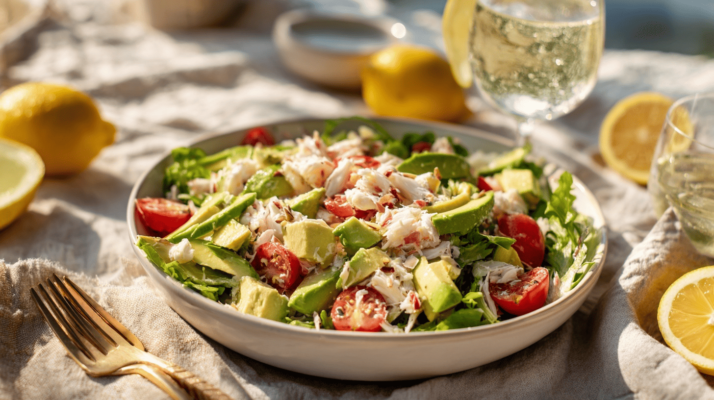 A vibrant crab and avocado salad topped with fresh tomatoes, showcasing a colorful and appetizing presentation
