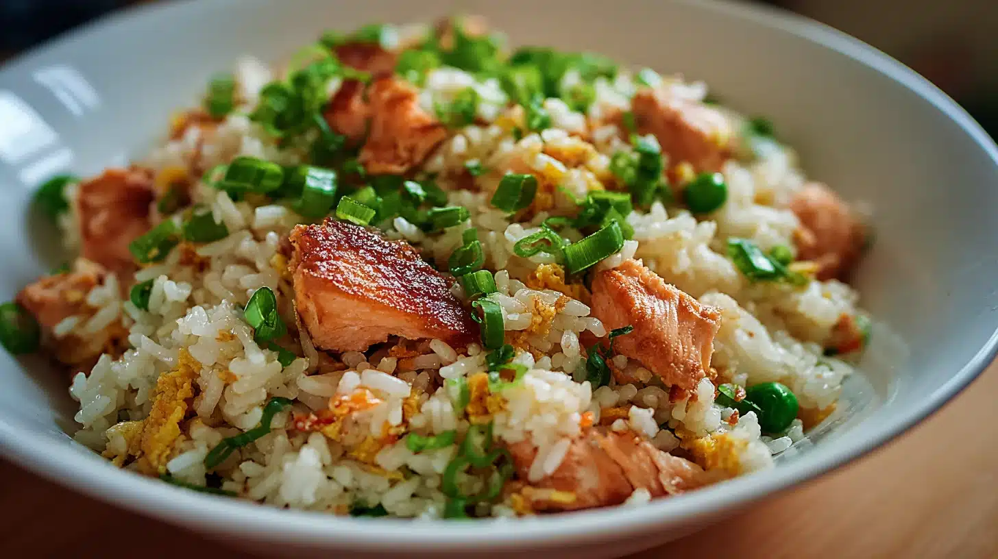 A white bowl containing salmon fried rice, showcasing a blend of rice salmon pieces, and colorful vegetables
