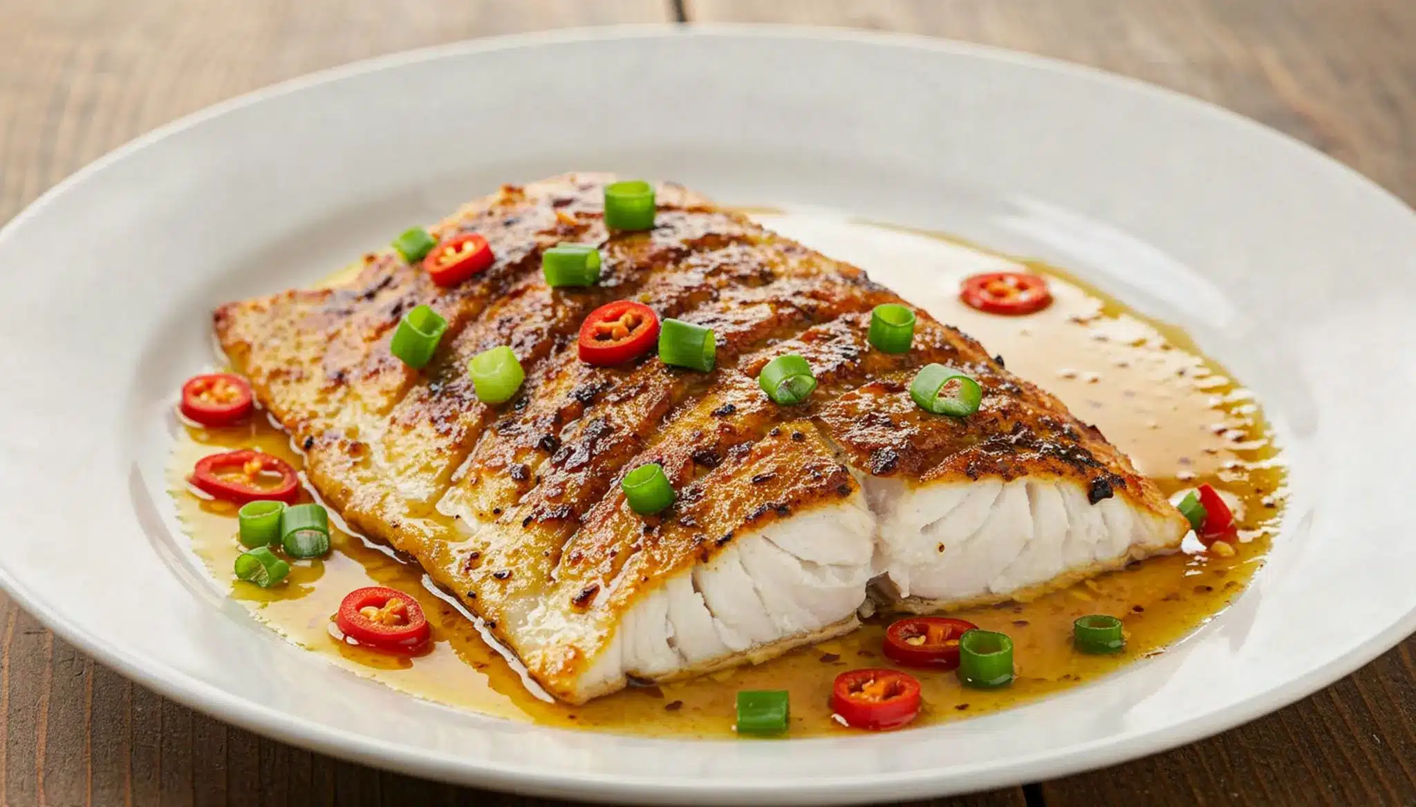 A white plate featuring Chili-Lime Broiled Tilapia garnished with a flavorful sauce