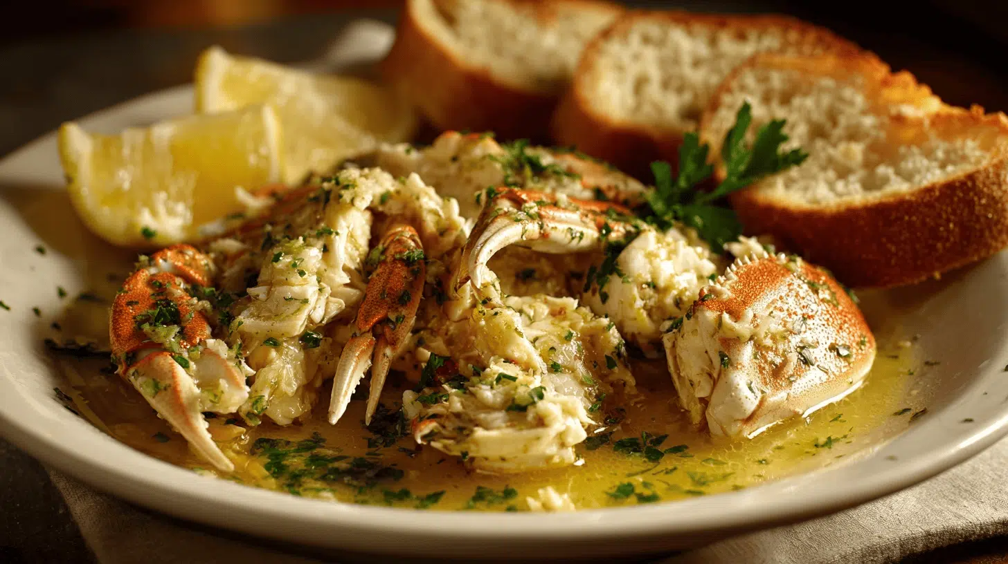 A white plate featuring Garlic Butter Dungeness Crab alongside slices of bread