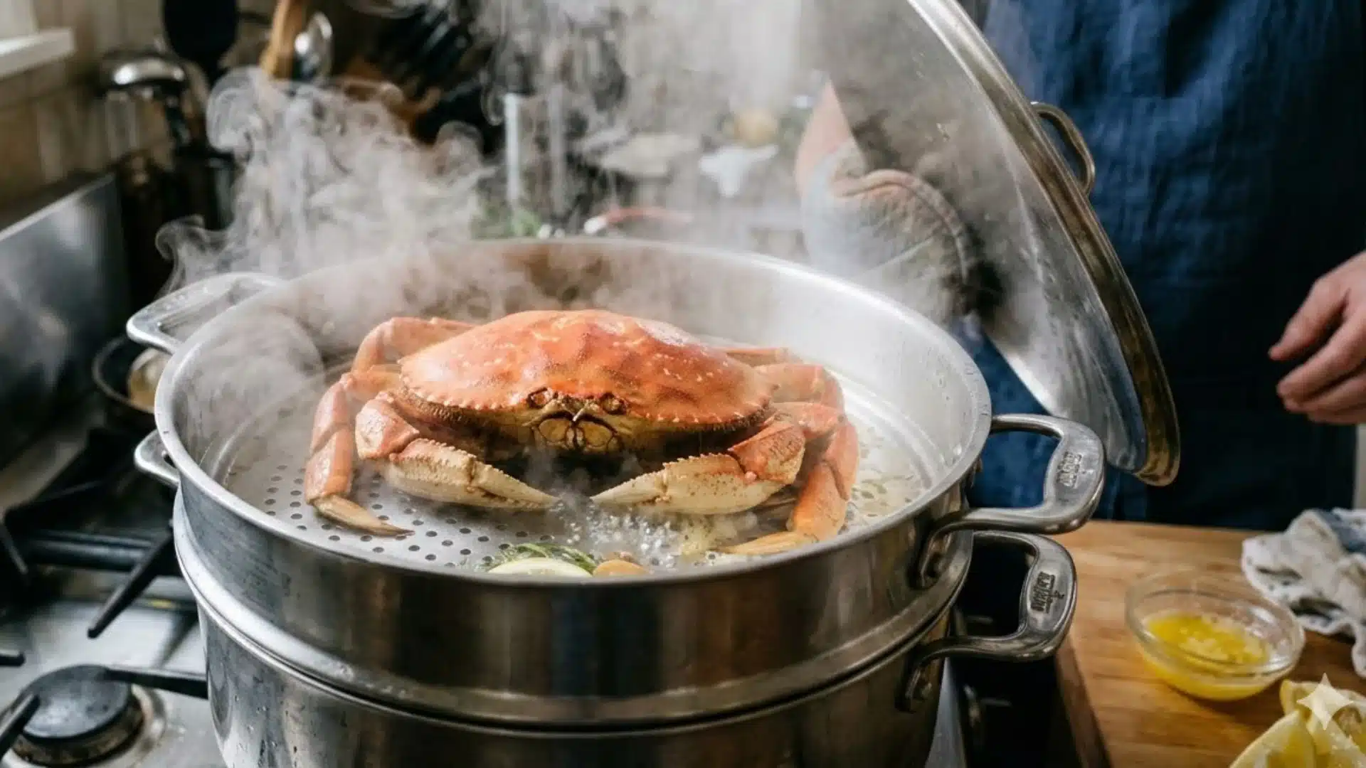 An image of a Dungeness crab steaming in a metal pot on a stovetop, with a person lifting the lid