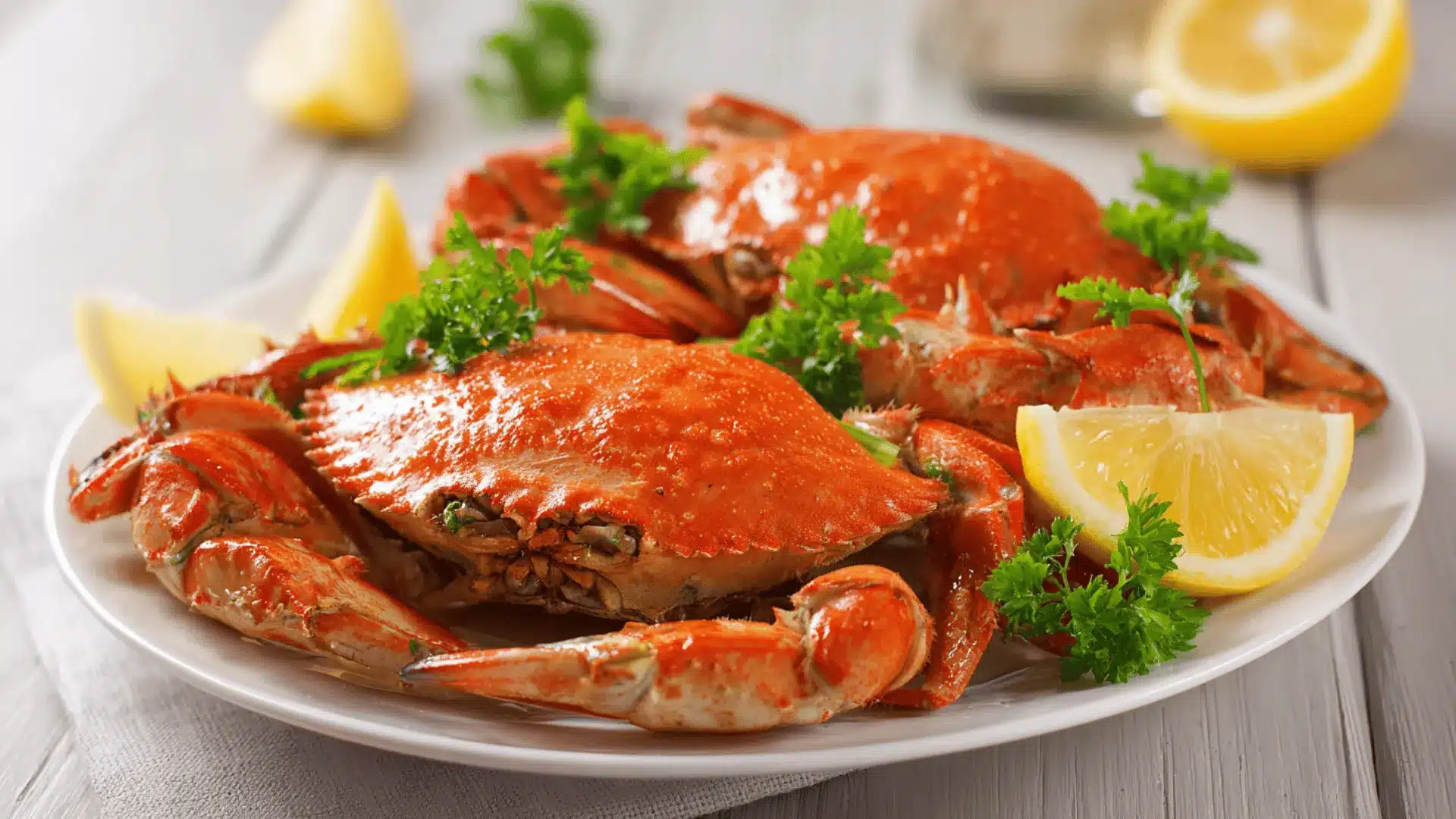 An image of two bright orange cooked crabs garnished with fresh parsley and lemon wedges served on a white plate