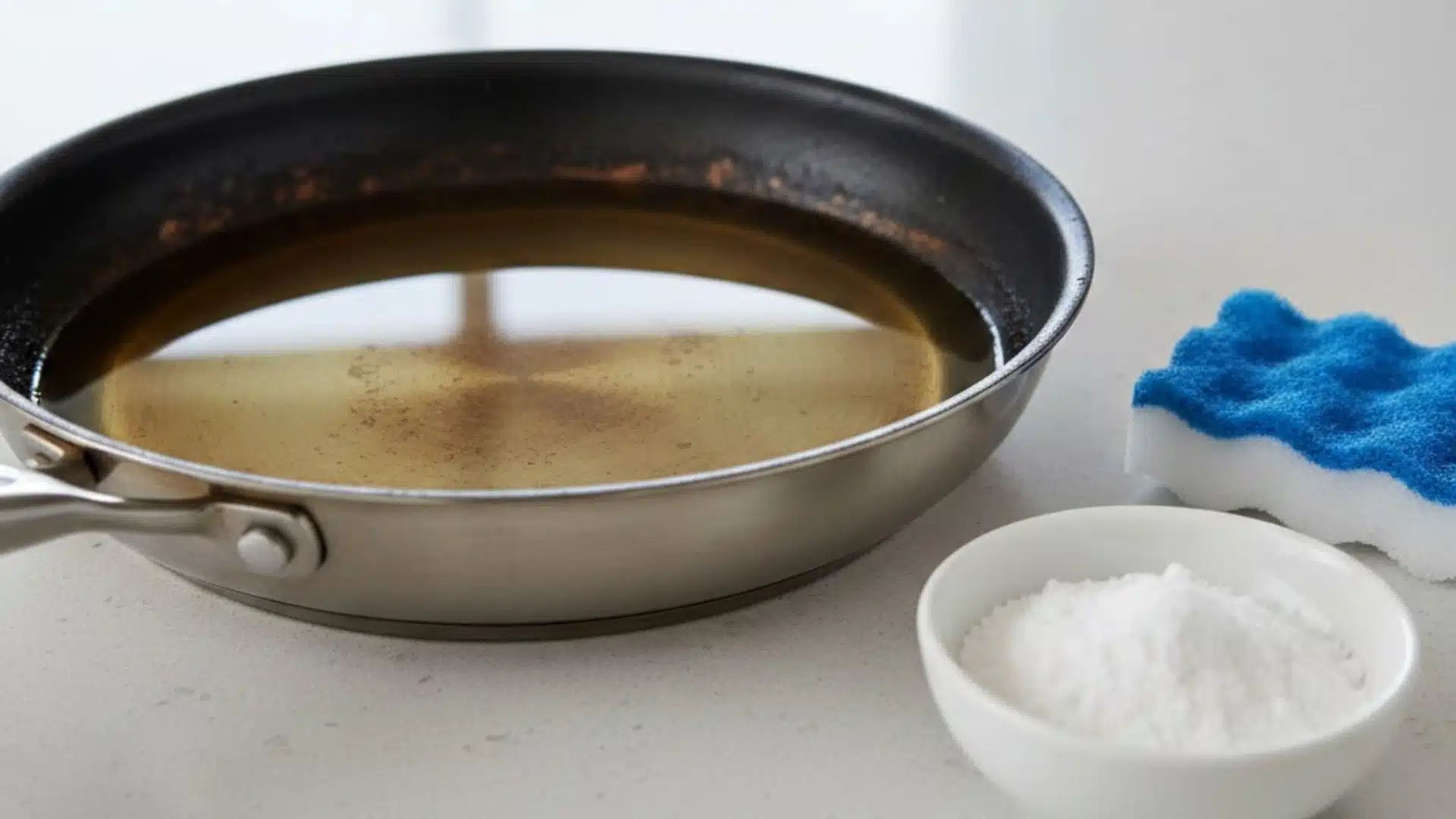 An image showing a burnt pan with water next to a bowl of baking soda and a blue scrubbing sponge on a countertop