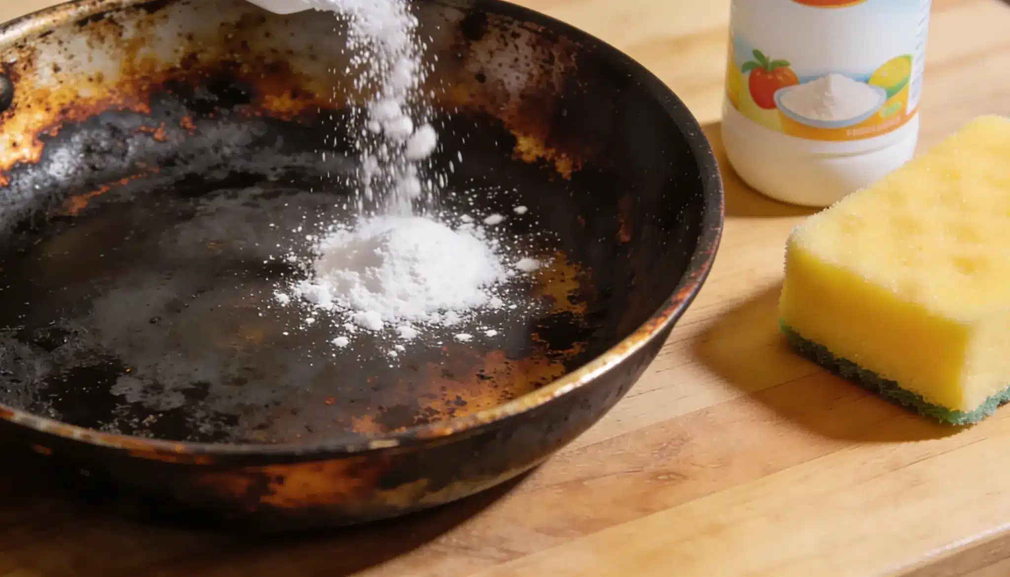 An image showing baking soda being sprinkled into the burnt pan, and beside it is a bottle of vinegar and a yellow sponge