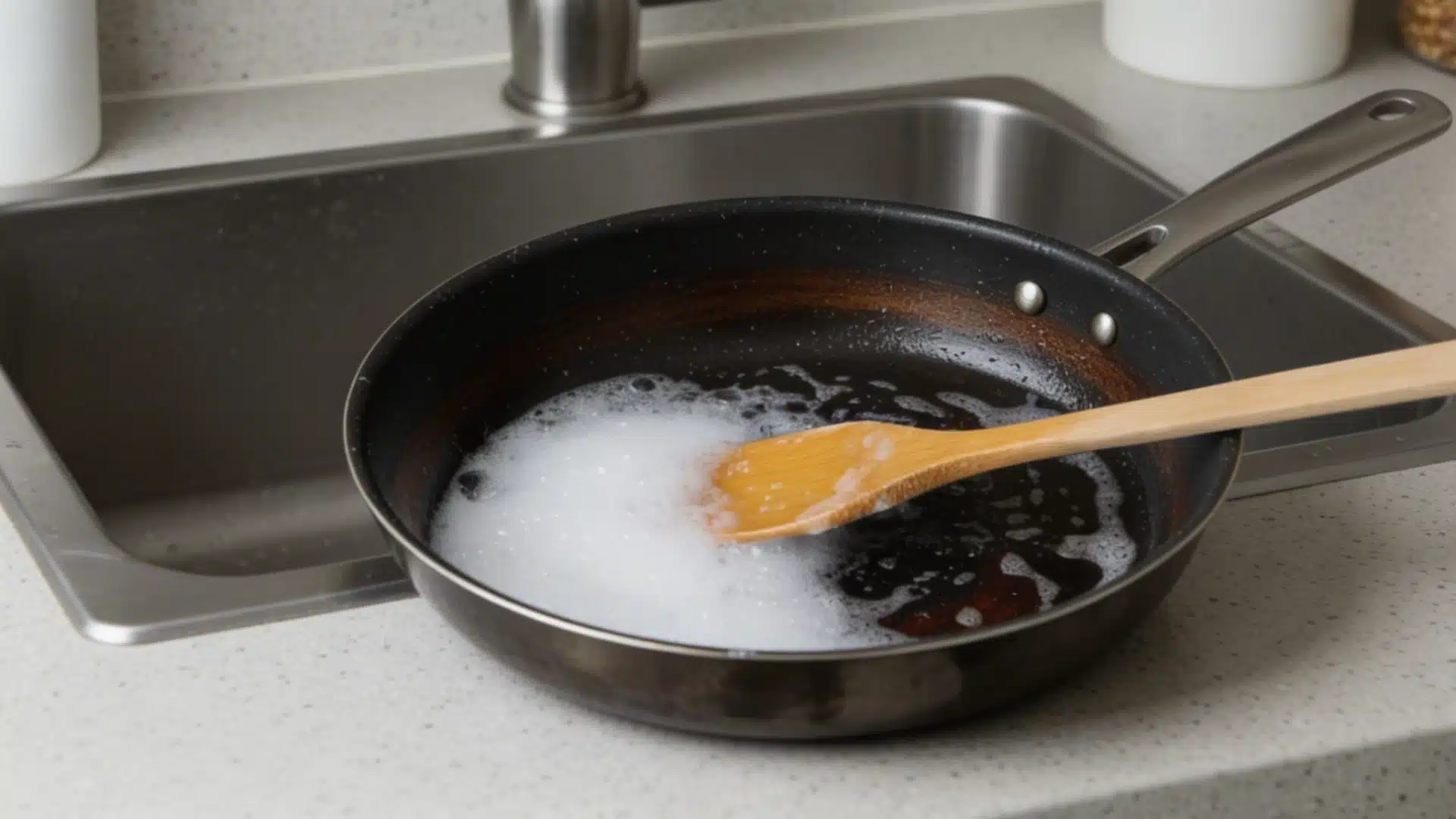 An image showing how to clean a burnt pan showing a wooden spoon in a soapy dark, burnt pan placed near a stainless steel kitchen sink