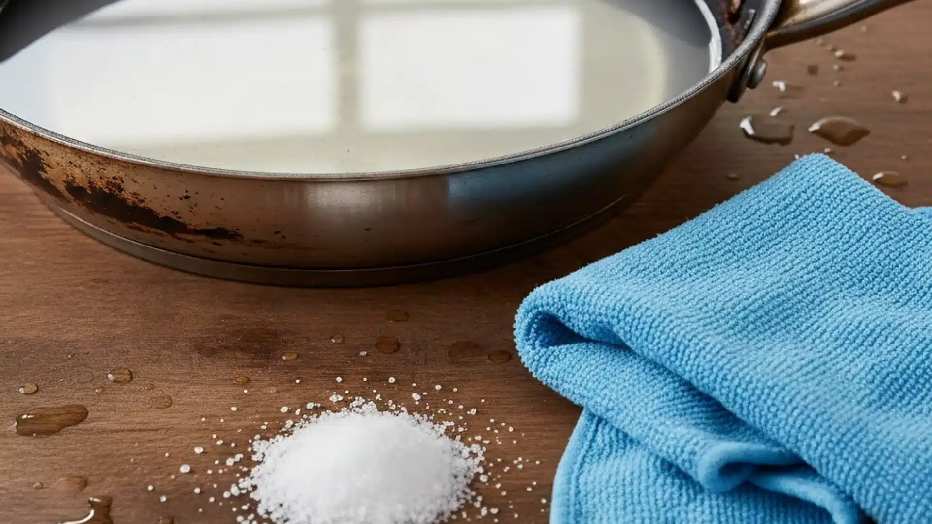 _An image showing how to clean burnt pan with water next to salt and a blue soft microfiber cloth on a countertop