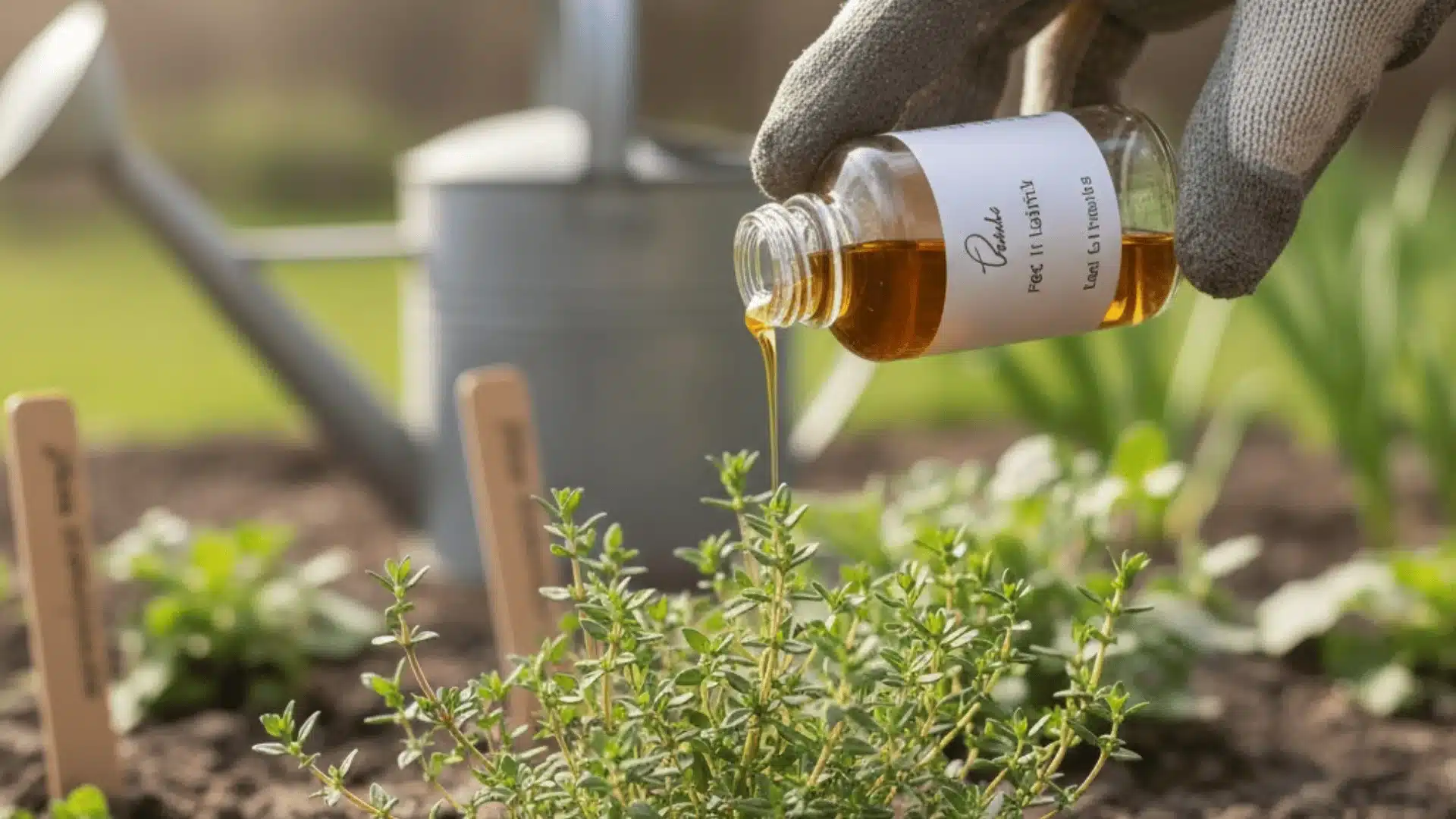 Applying light fertilizer to thyme plant during early spring growth.