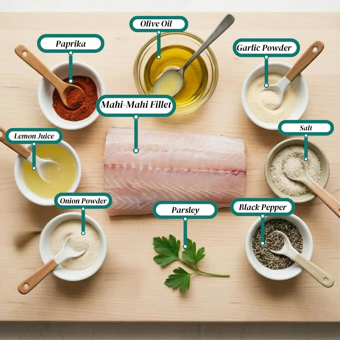 Baked Mahi-Mahi with Paprika ingredients, with paprika, garlic powder, salt, black pepper, onion powder, lemon juice, olive oil, and fresh parsley
