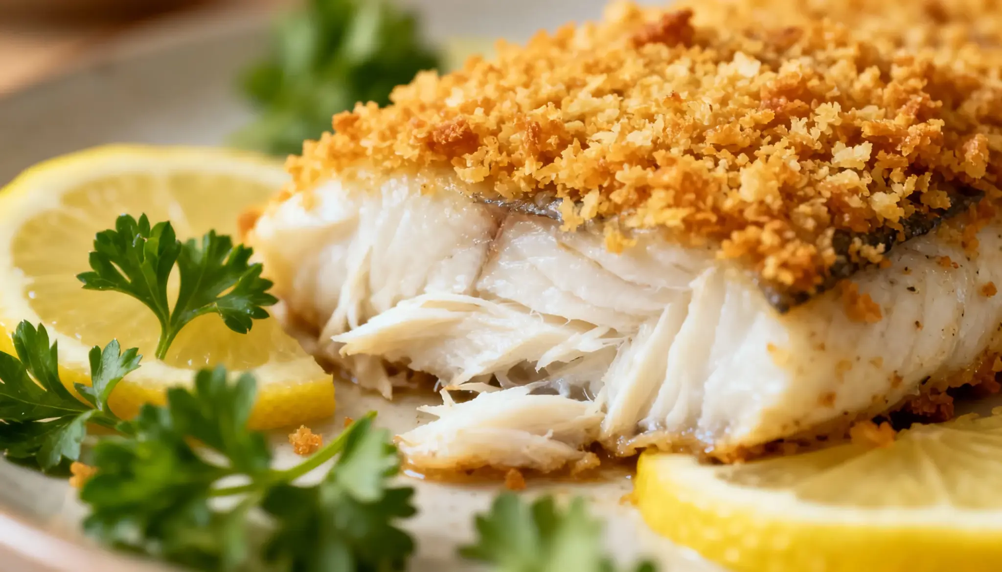 Baked cod fillet with a crispy panko breadcrumb topping, served with lemon slices and fresh parsley