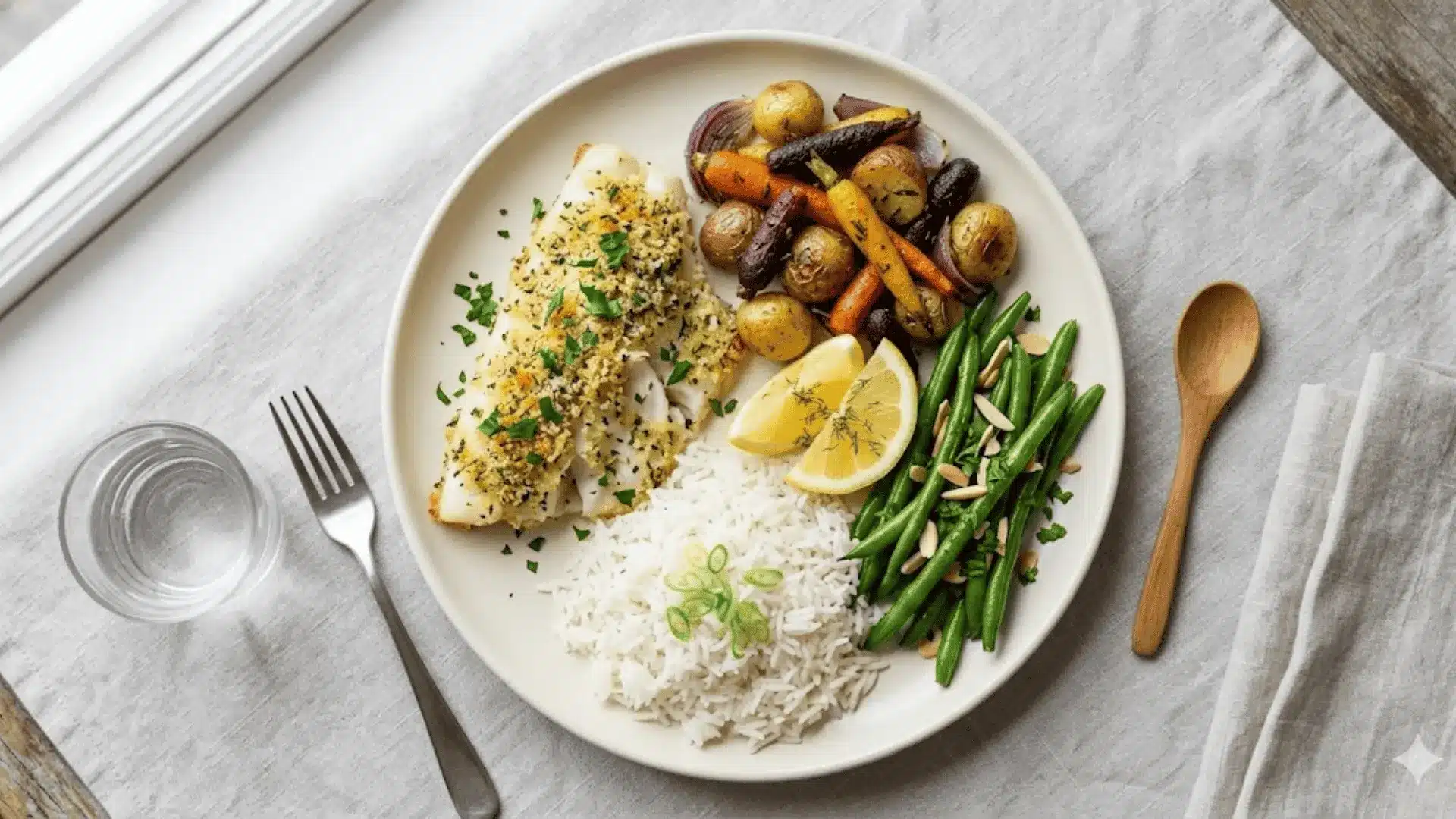 Baked haddock with rice, green beans, and roasted vegetables on a plate, overhead shot