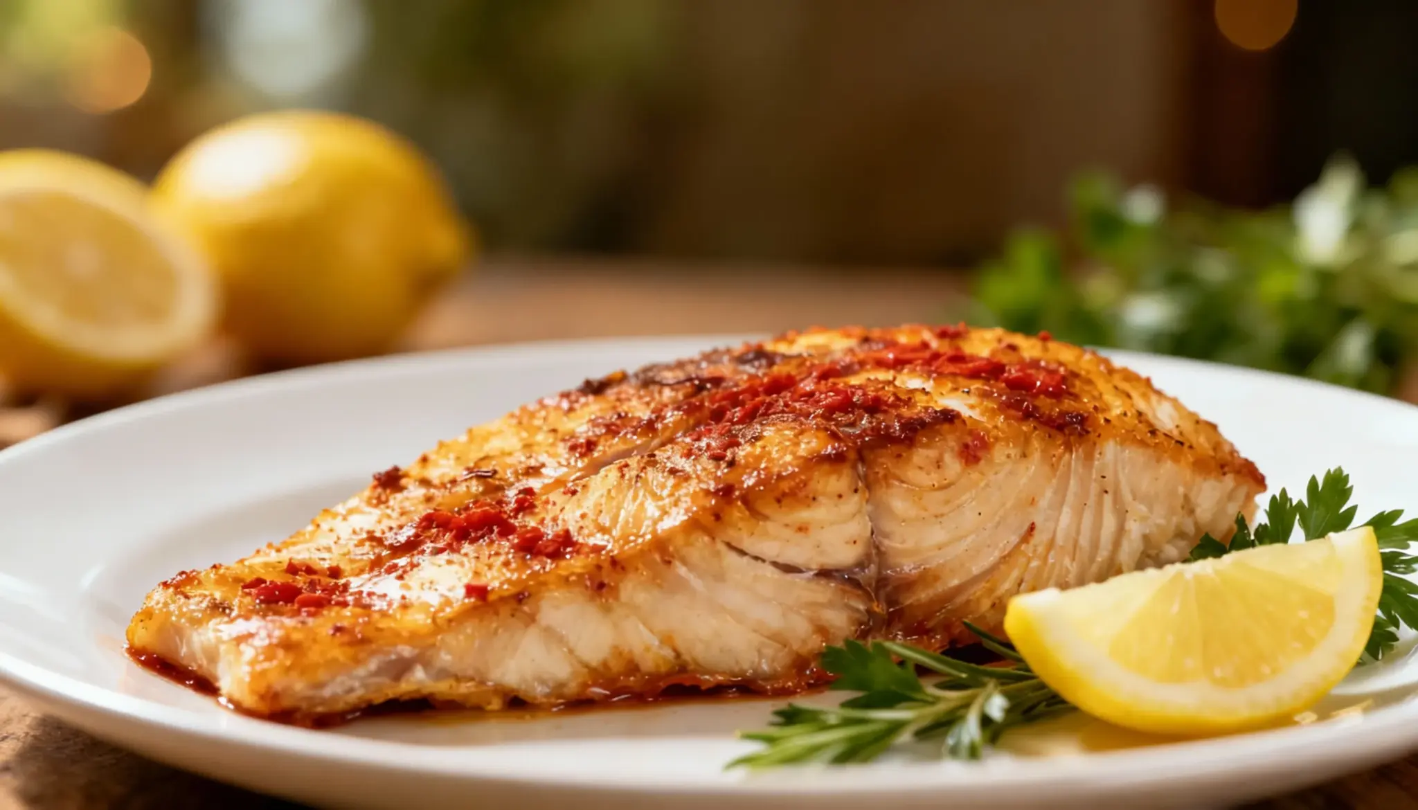 Baked mahi-mahi fillet with a paprika crust, served on a white plate with a lemon wedge and fresh parsley