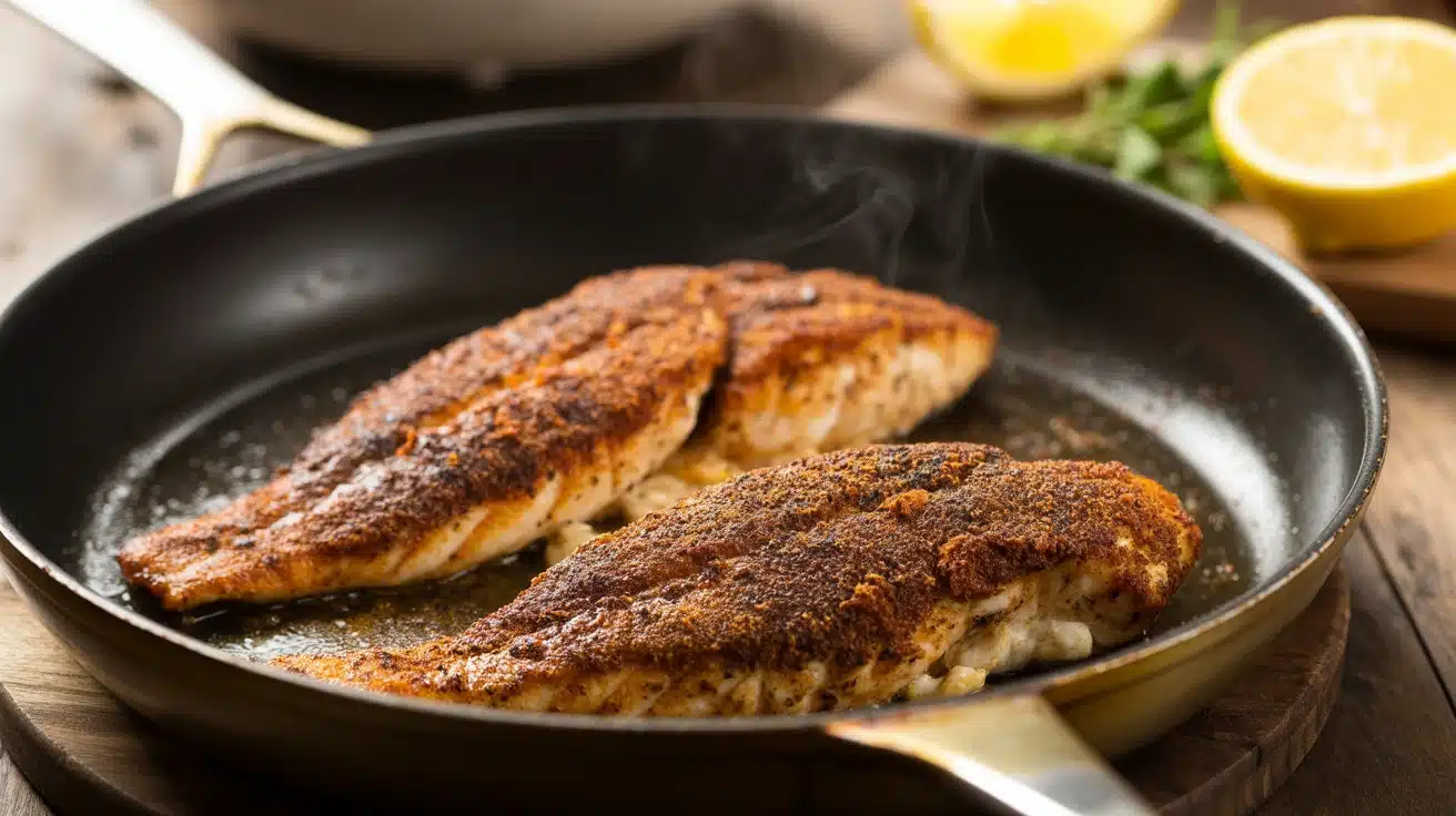 Blackened Catfish Skillet sizzle in a hot, dark frying pan with lemon halves visible in the soft focus background